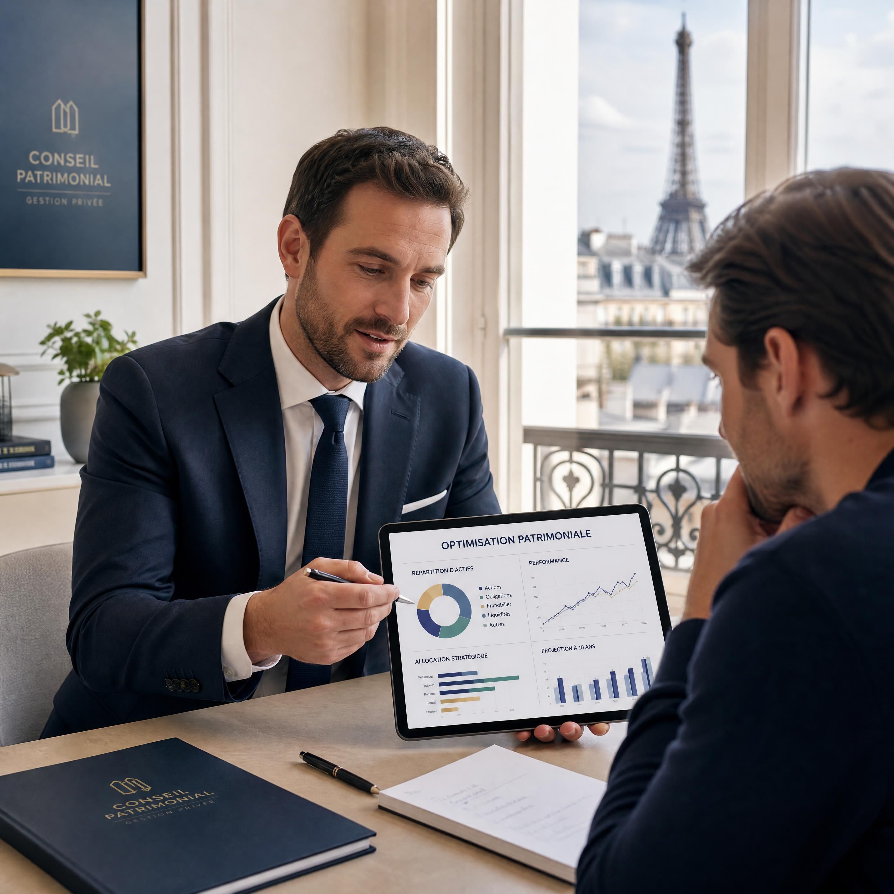 Un conseiller financier à Paris analysant des graphiques d'optimisation patrimoniale sur tablette avec son client