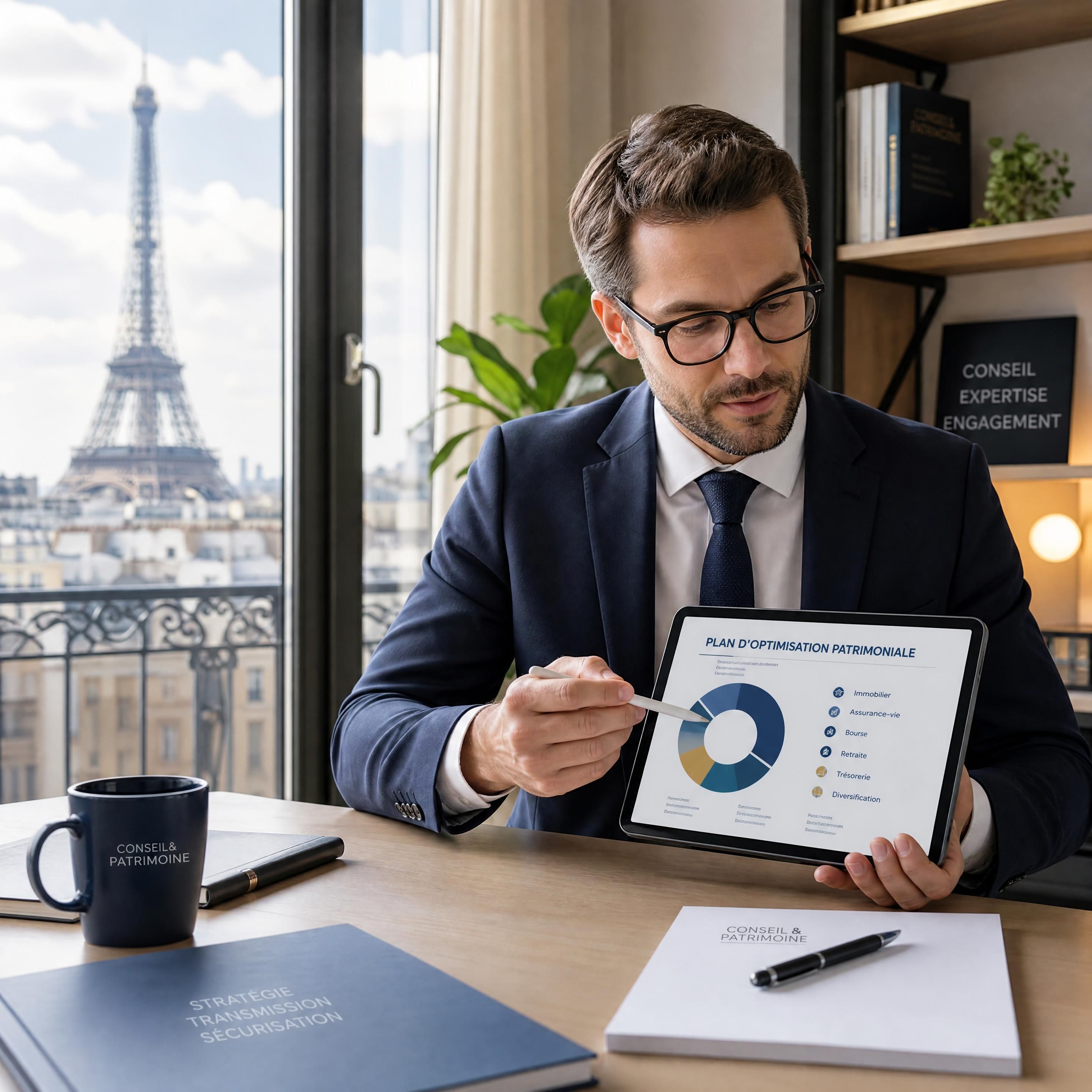 Un conseiller financier à Paris analysant un plan d'optimisation patrimoniale sur tablette dans un bureau moderne