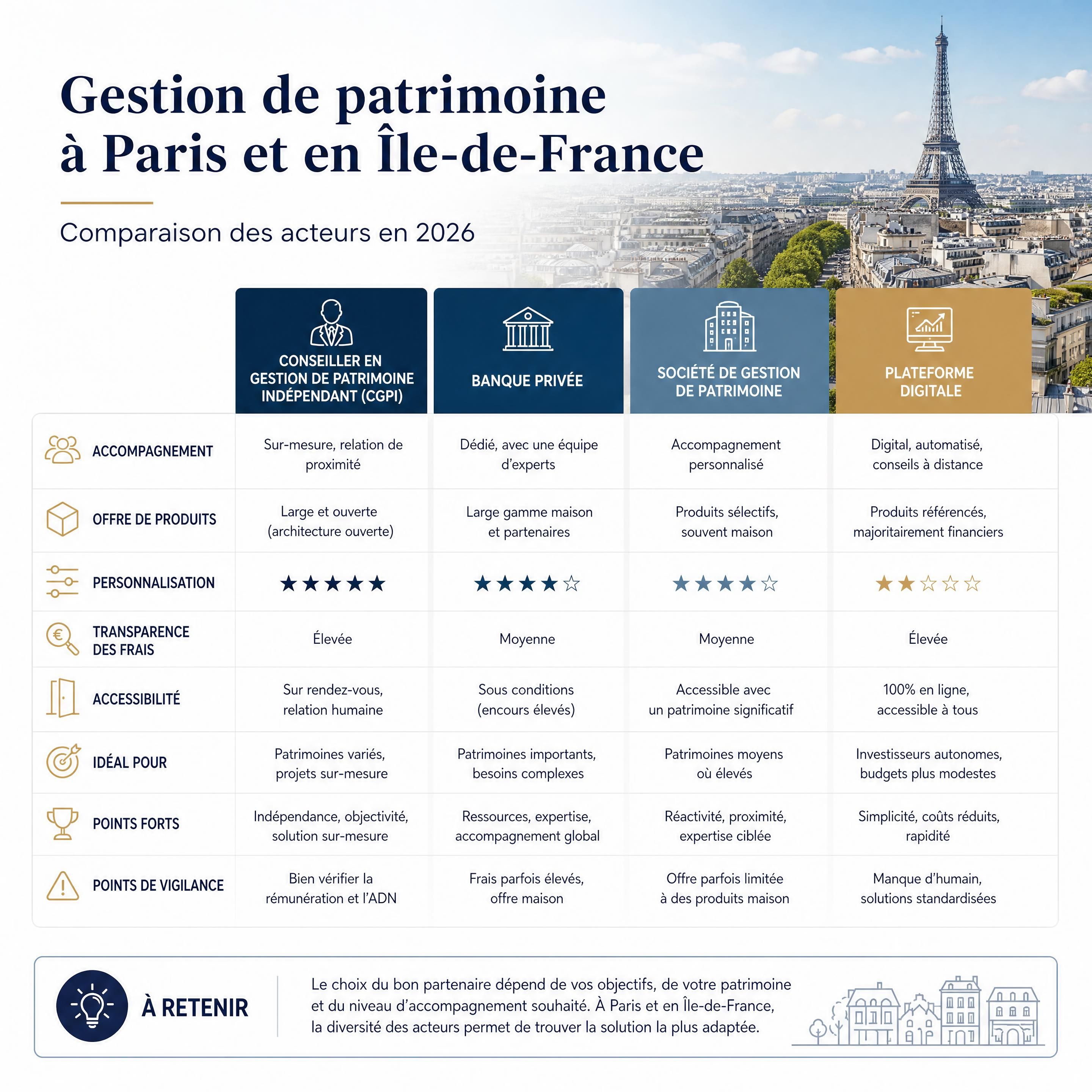 Comparaison des acteurs de la gestion de patrimoine à Paris et en Île-de-France en 2026
