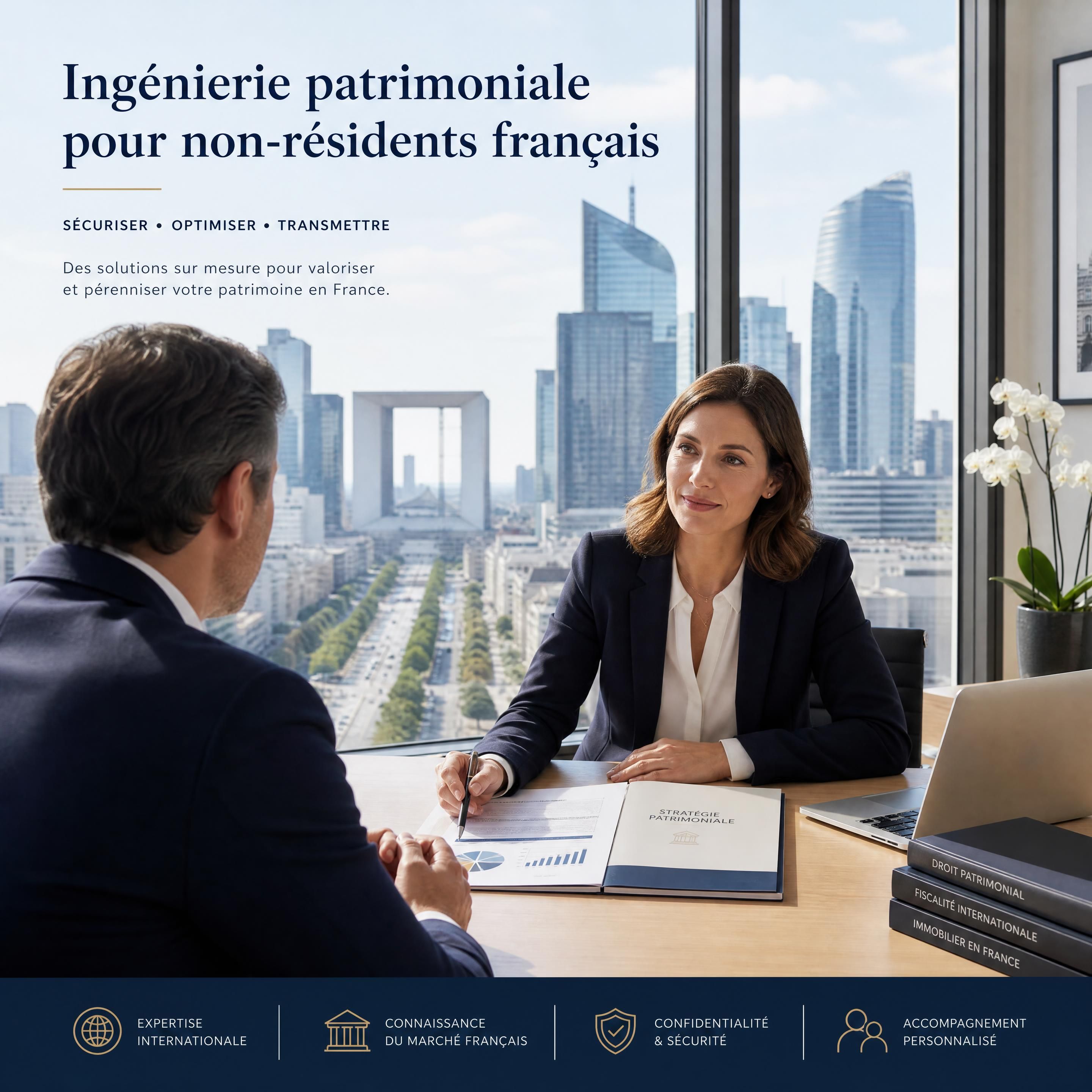 Consultation d'ingénierie patrimoniale pour non-résidents français avec vue sur le quartier de la Défense à Paris