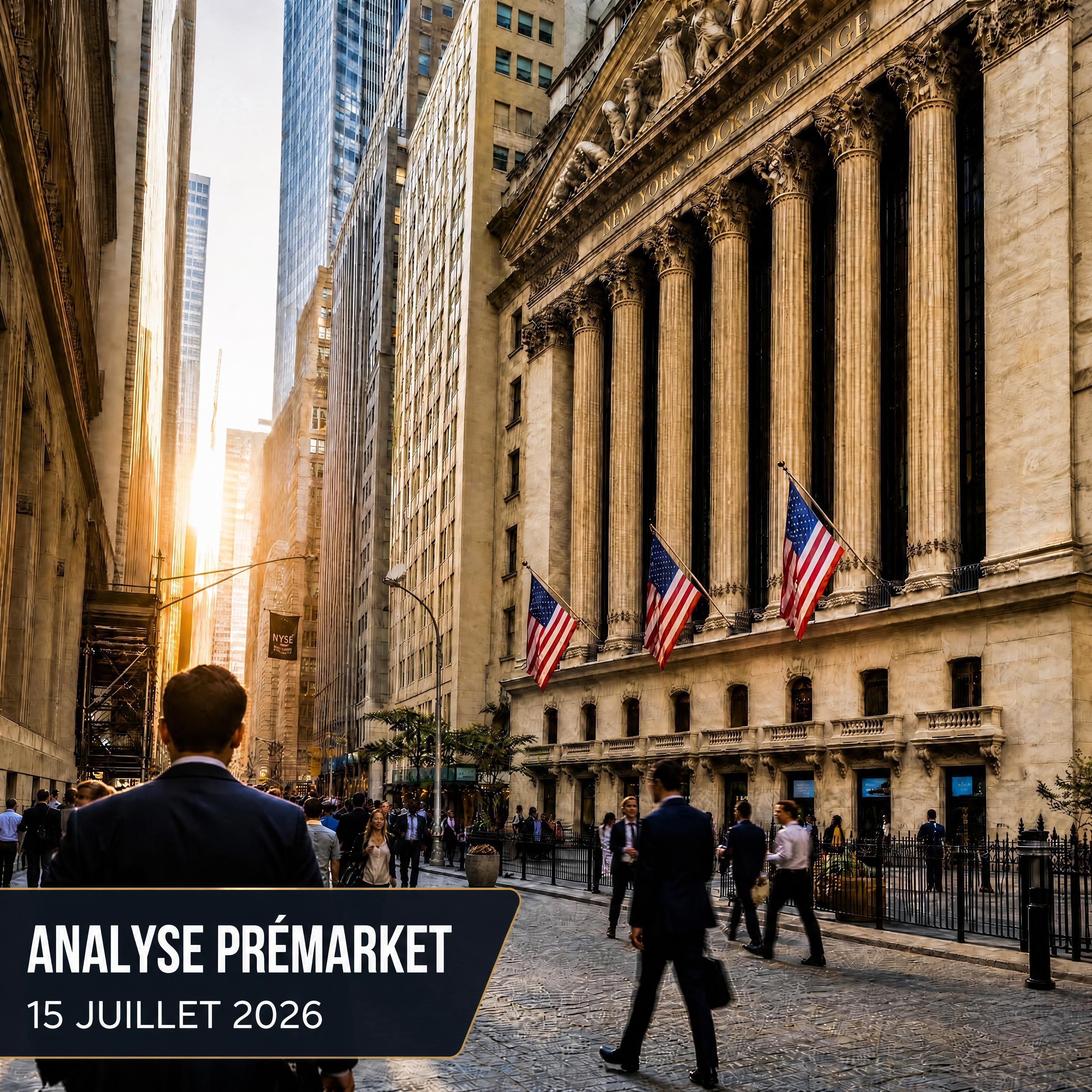 Graphique d'analyse technique en bougies 15 minutes des indices américains ES et NQ avec carnets d'ordres et zones de liquidité avant l'ouverture de Wall Street