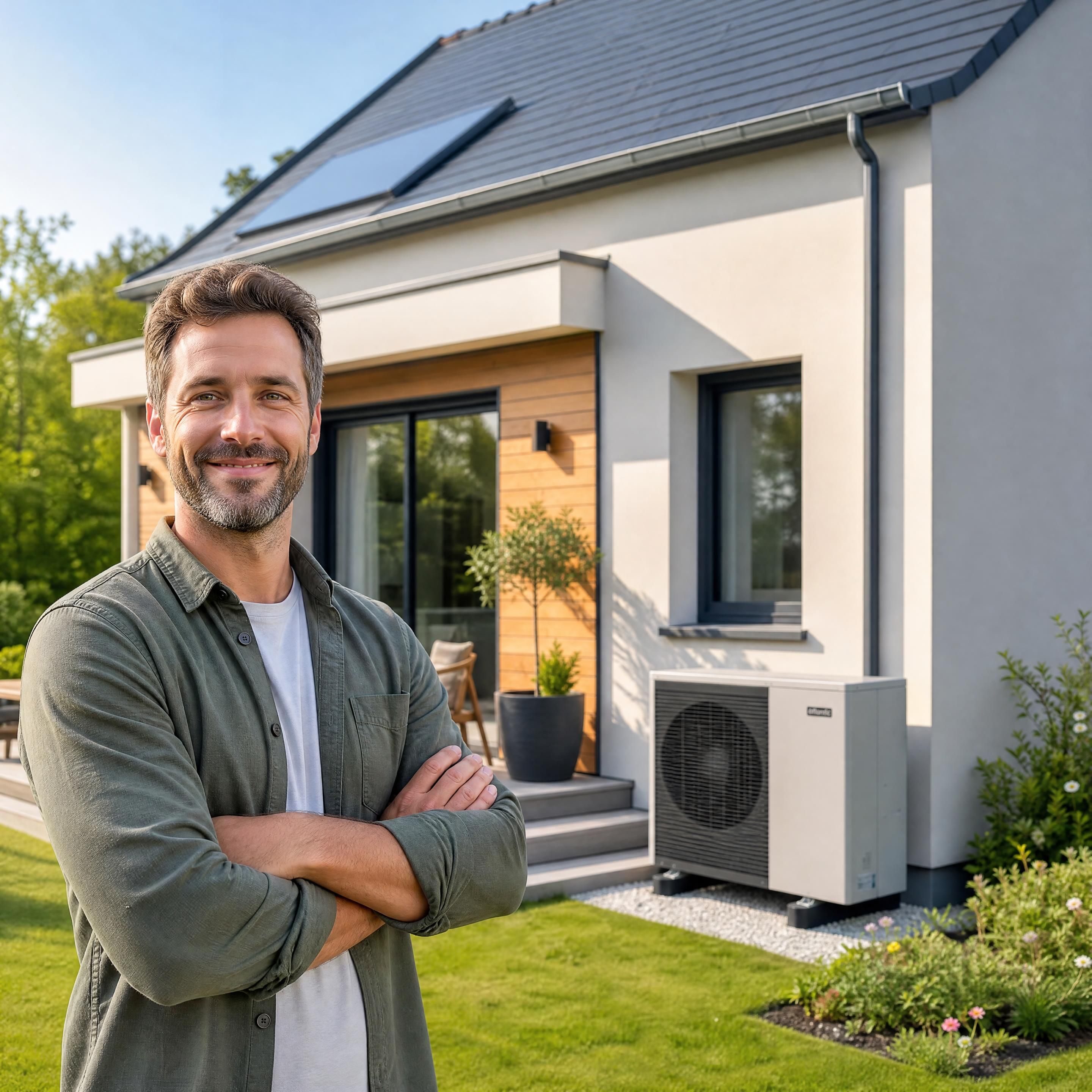 Propriétaire souriant devant sa maison individuelle récemment rénovée avec une pompe à chaleur air-eau discrètement installée à l'extérieur