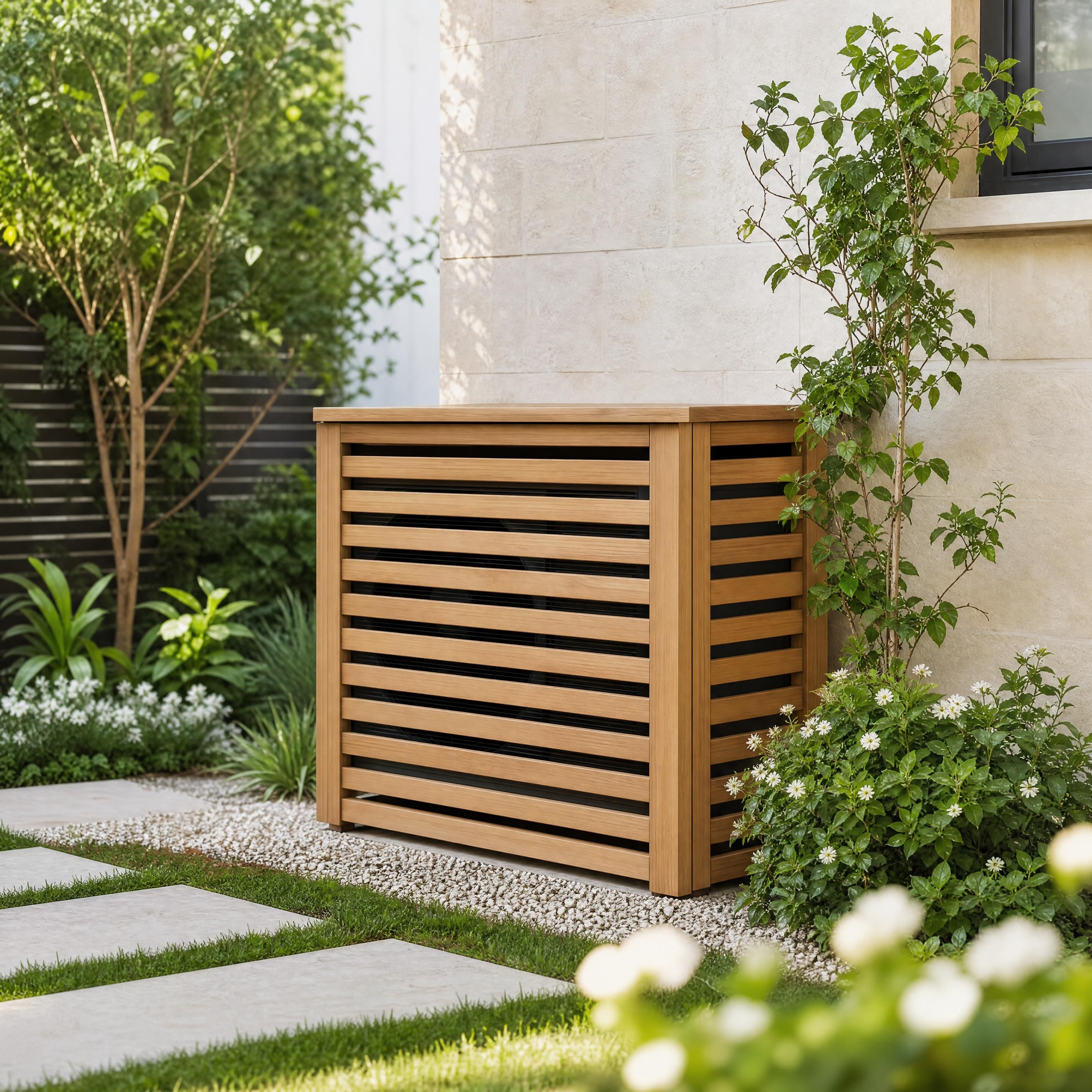 Unité extérieure de pompe à chaleur habillée d'un coffrage en bois esthétique et parfaitement intégré dans un petit jardin de ville
