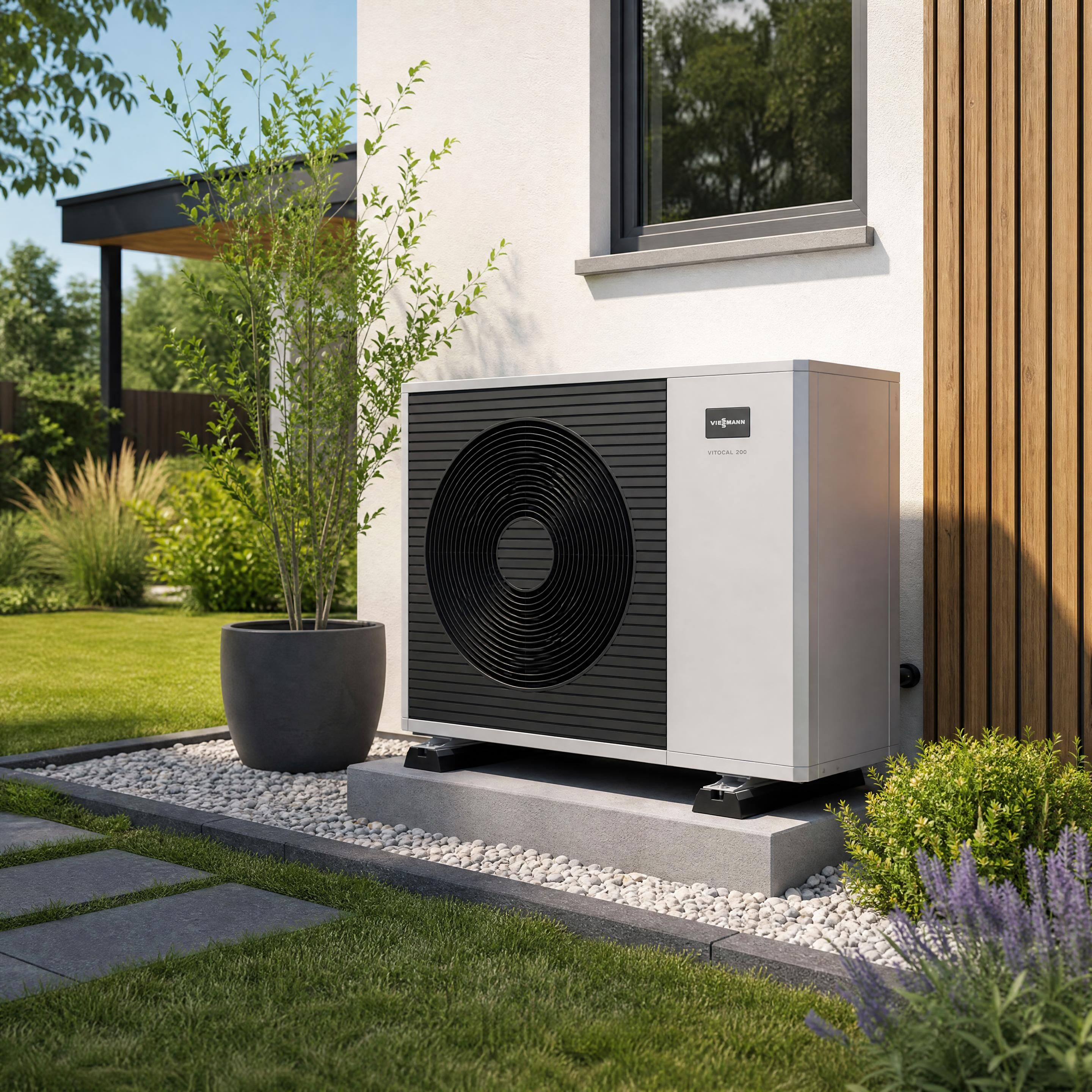 Unité extérieure d'une pompe à chaleur air/eau installée de manière soignée et esthétique dans le jardin d'une maison individuelle