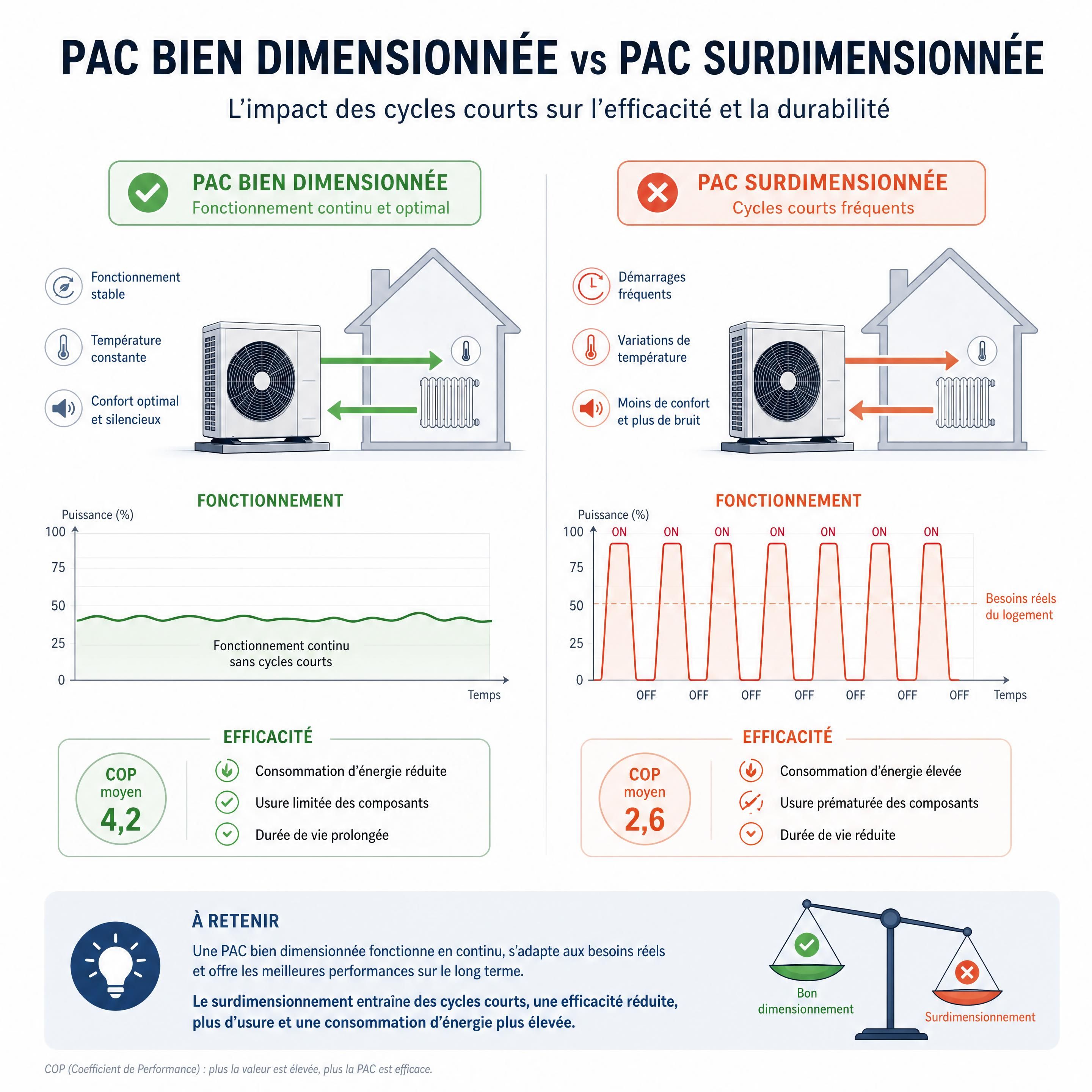 Schéma technique expliquant la différence d'efficacité entre une pompe à chaleur bien dimensionnée et une PAC surdimensionnée sujette aux cycles courts