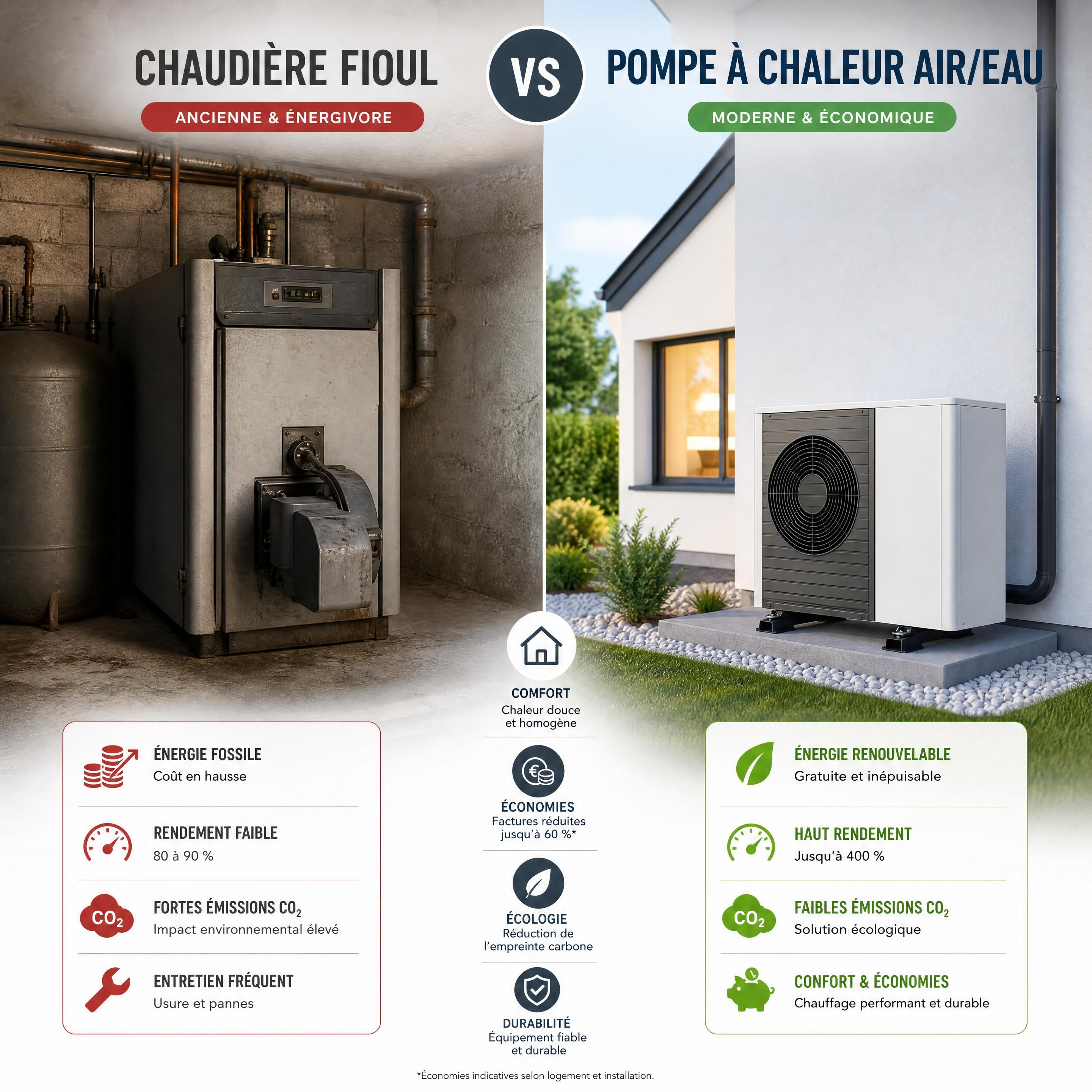 Comparaison visuelle entre une ancienne chaudière fioul énergivore et une pompe à chaleur air/eau moderne installée dans une maison individuelle