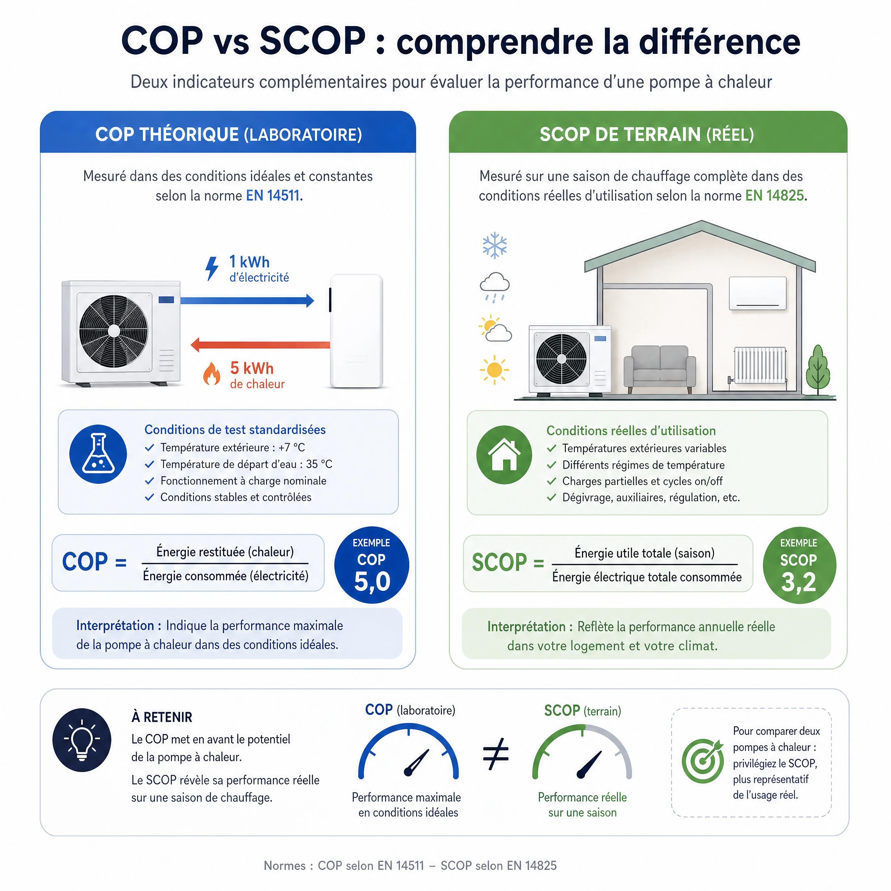 Schéma didactique expliquant la différence entre le COP théorique de laboratoire et le SCOP de terrain d'une pompe à chaleur