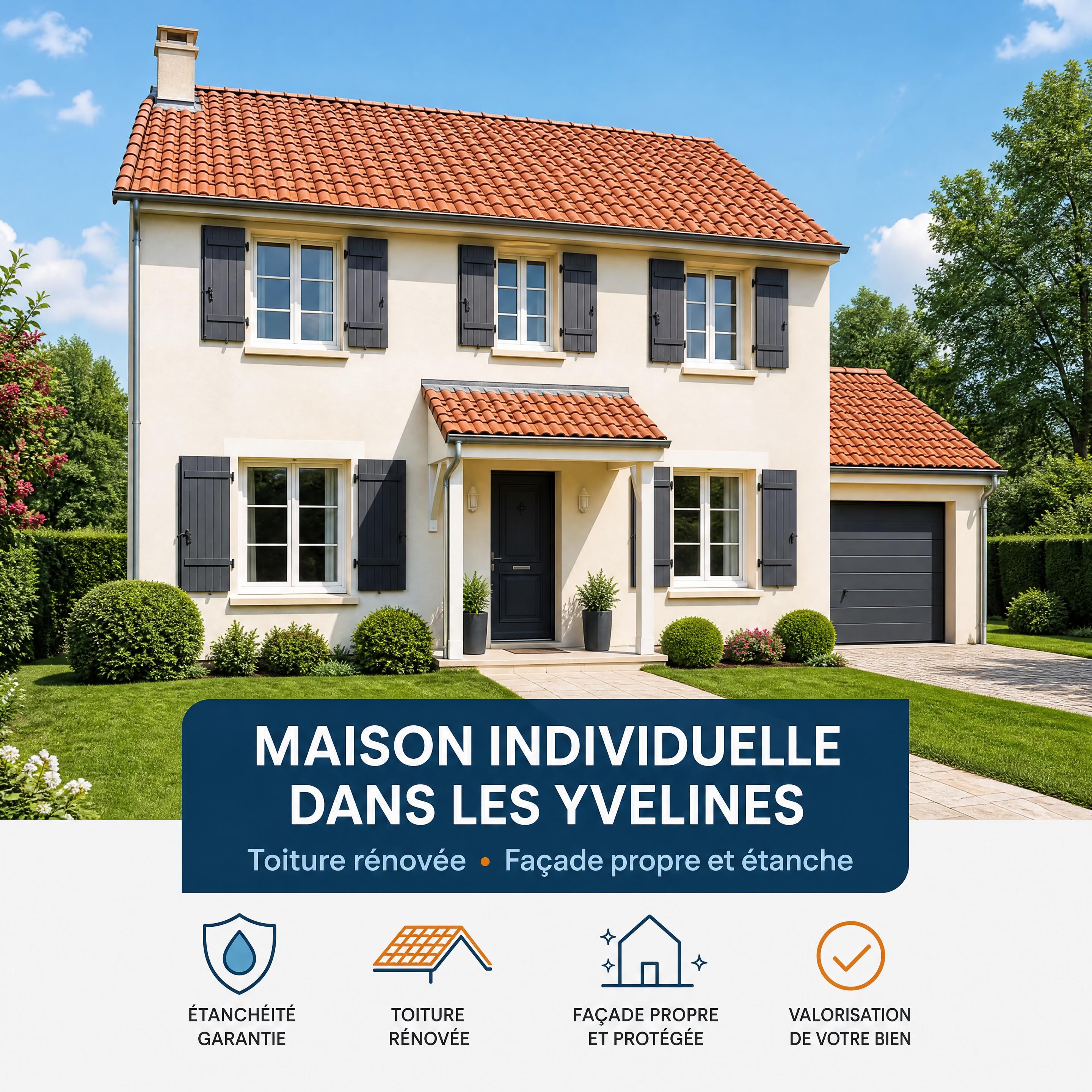 Maison individuelle traditionnelle dans les Yvelines avec une toiture en tuiles parfaitement rénovée et une façade propre et étanche
