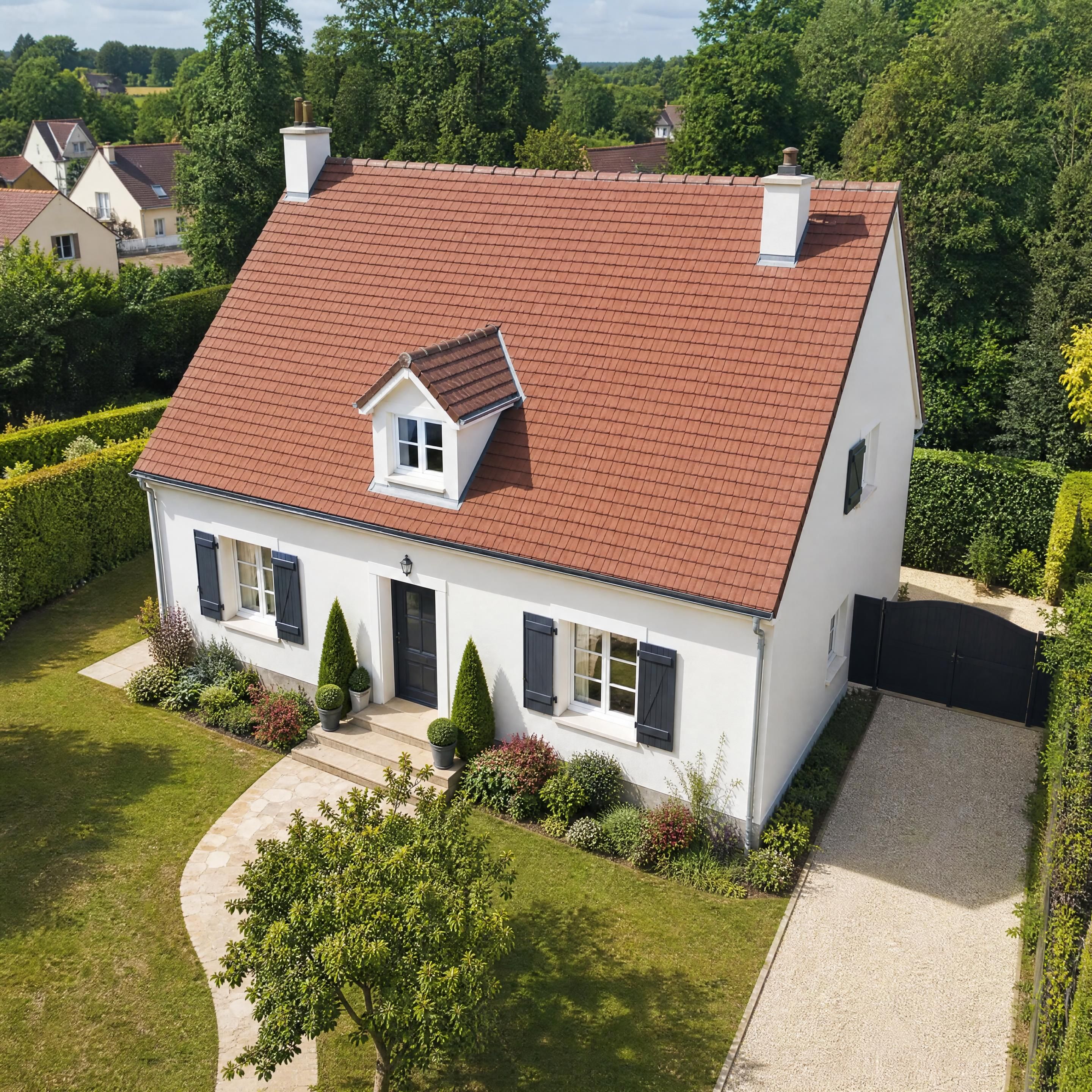 Vue aérienne d'un pavillon résidentiel traditionnel rénové avec une toiture en tuiles propres et une façade éclatante, entouré de verdure dans les Yvelines