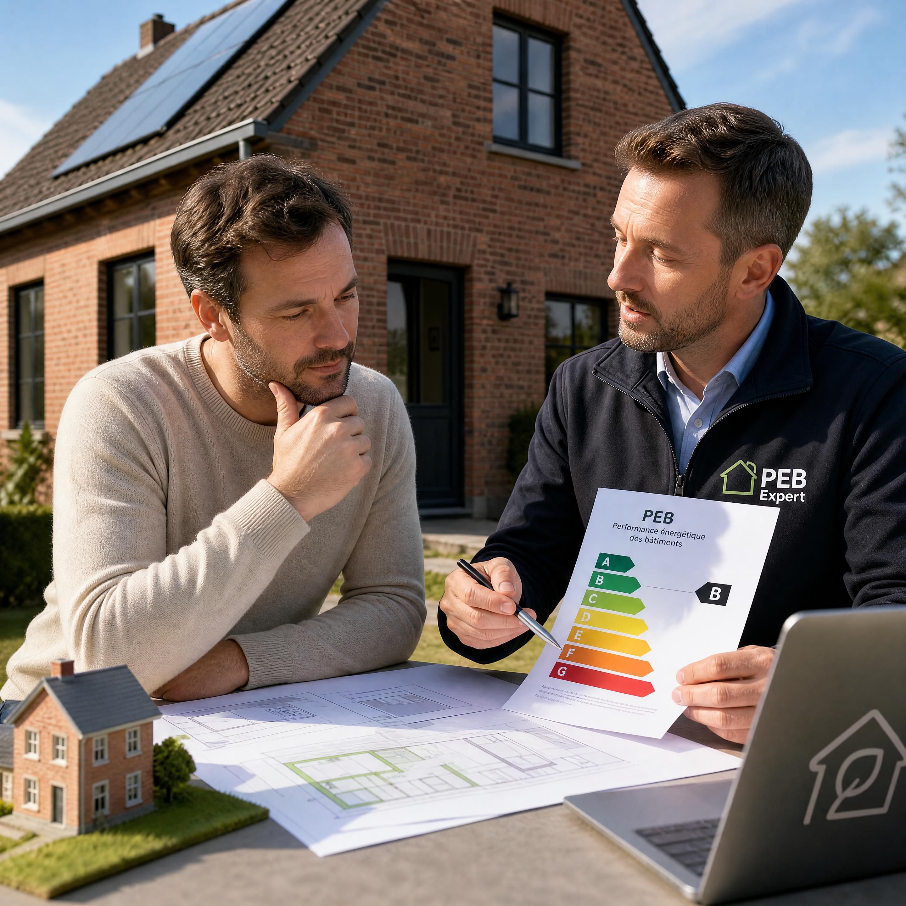 Un propriétaire belge analysant des plans de rénovation énergétique avec un expert PEB devant une maison en briques