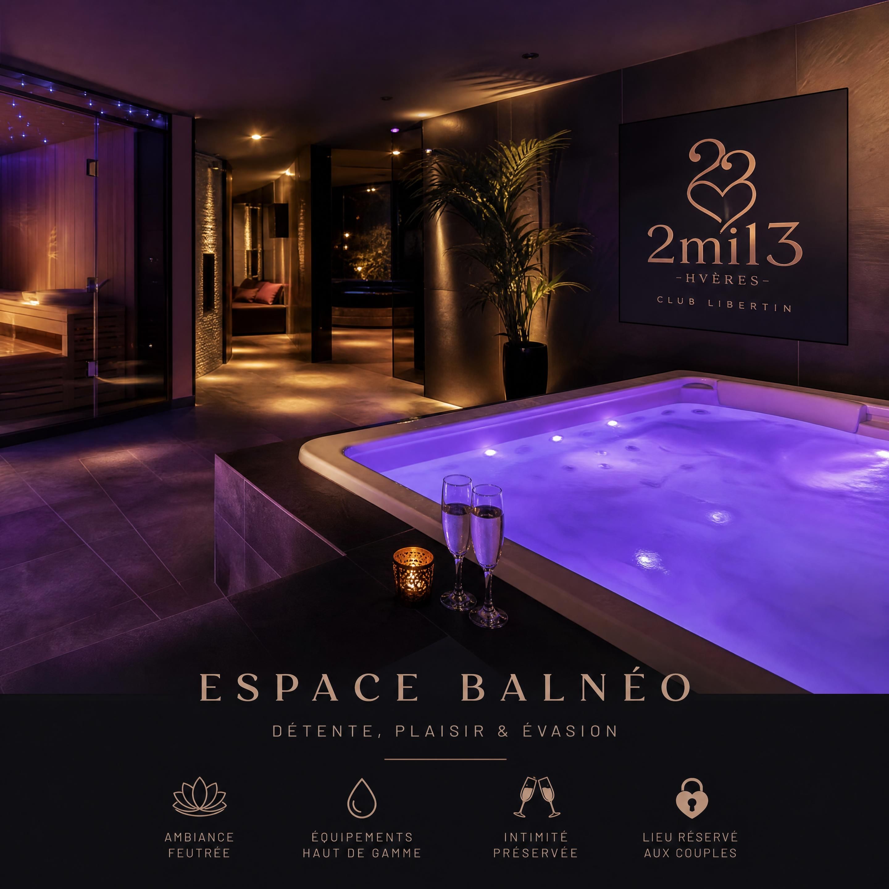 Ambiance feutrée et luxueuse de l'espace balnéo haut de gamme du club libertin 2mil3 à Hyères