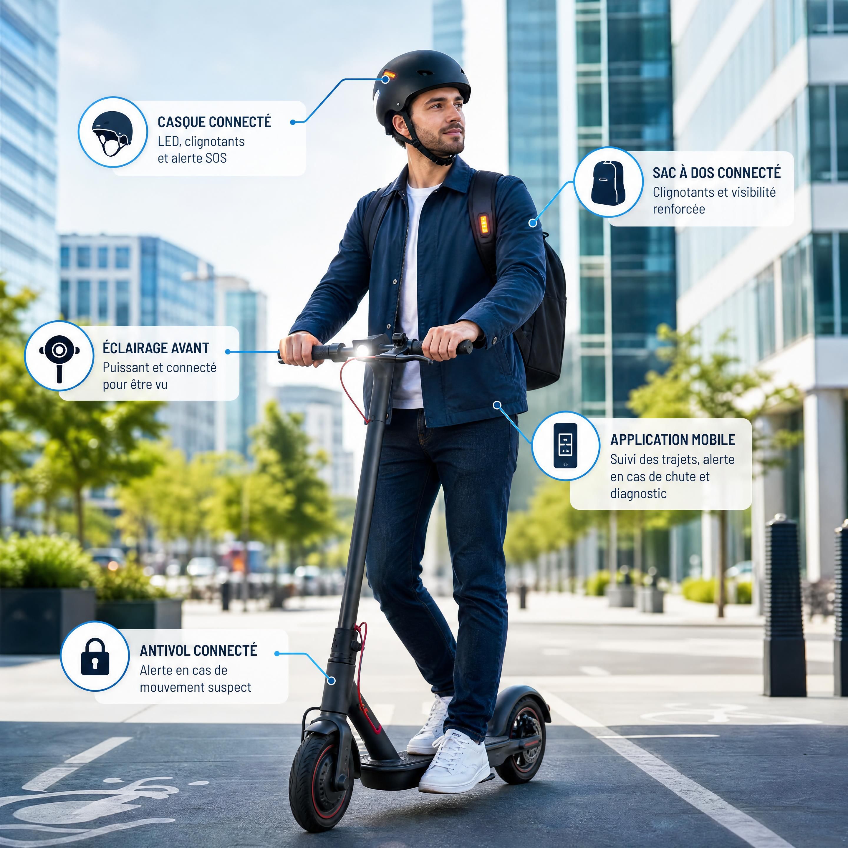 Utilisateur de trottinette électrique équipé d'accessoires de sécurité connectés en milieu urbain