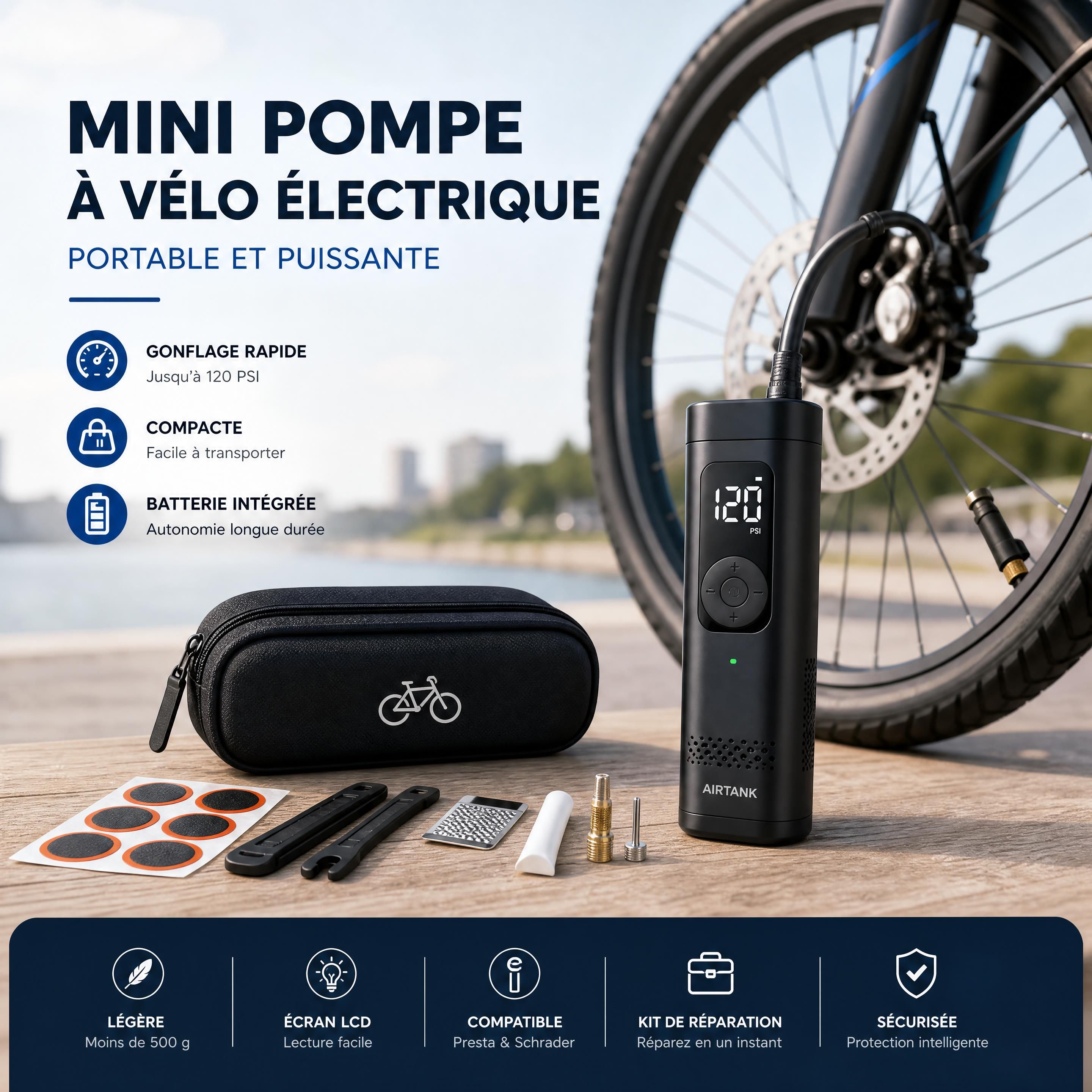 Mini pompe à vélo électrique portable et kit de réparation rapide