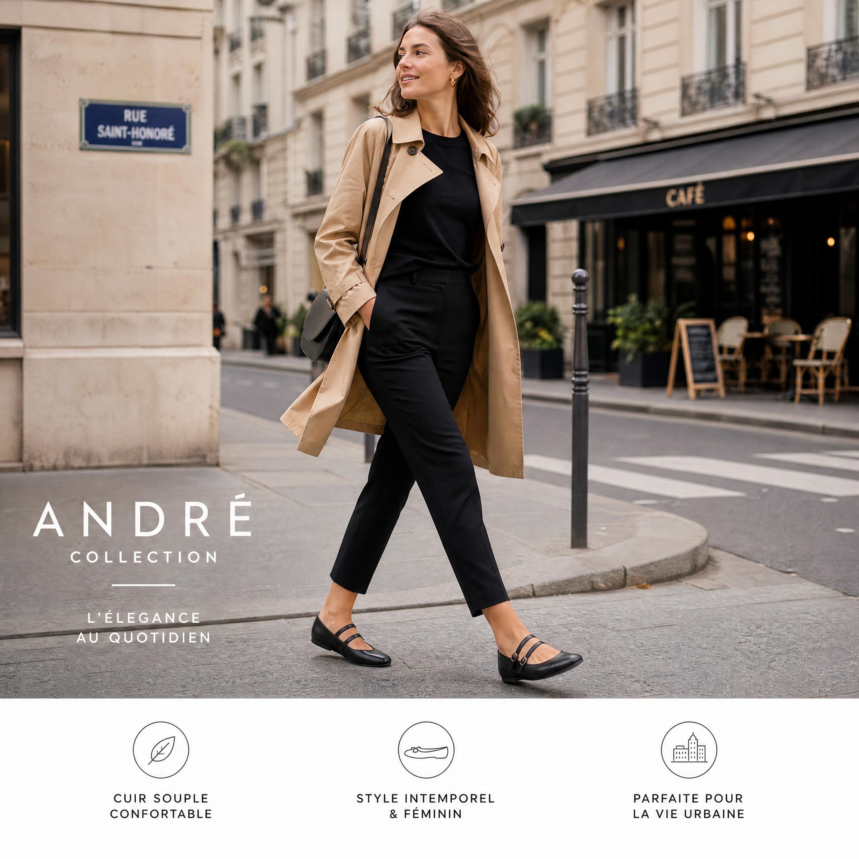 Une femme urbaine active portant d'élégantes ballerines en cuir souple noir à brides de la collection André, marchant d'un pas assuré sur un trottoir parisien.