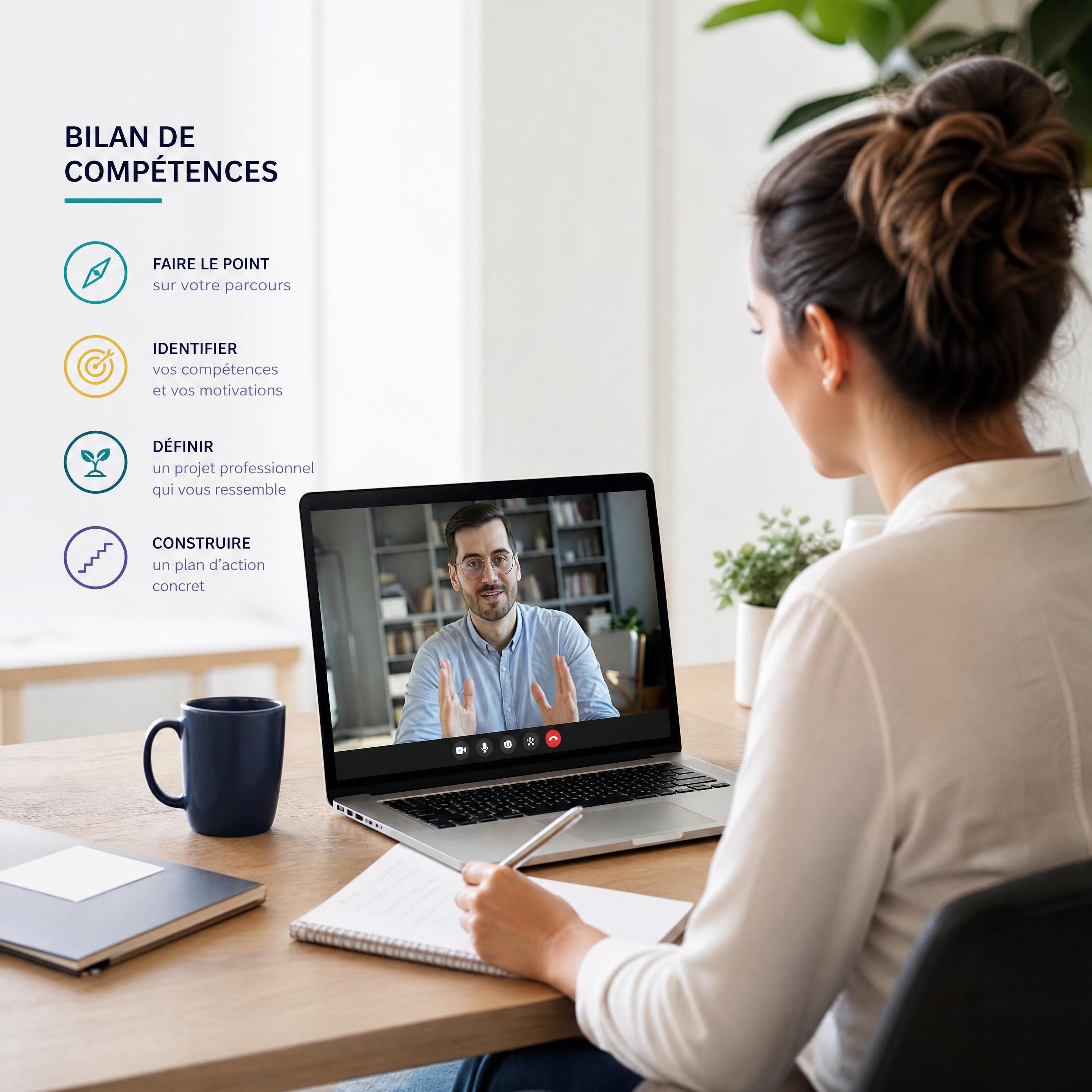 Consultant expert qui accompagne un actif lors d'un entretien individuel pour un bilan de compétences en ligne