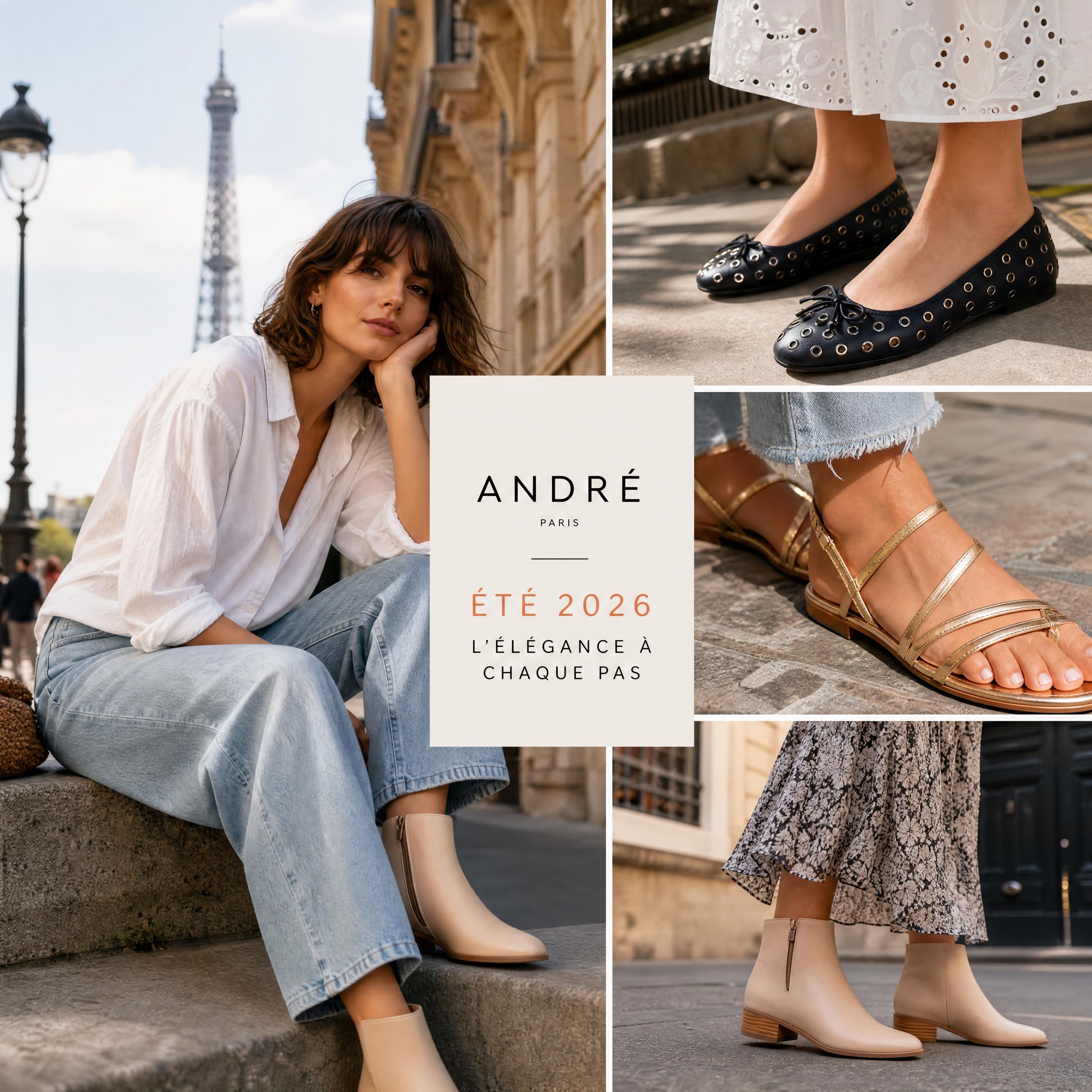 Collection de chaussures été André 2026 : ballerines à œillets, sandales dorées et bottines légères portées avec style dans les rues de Paris