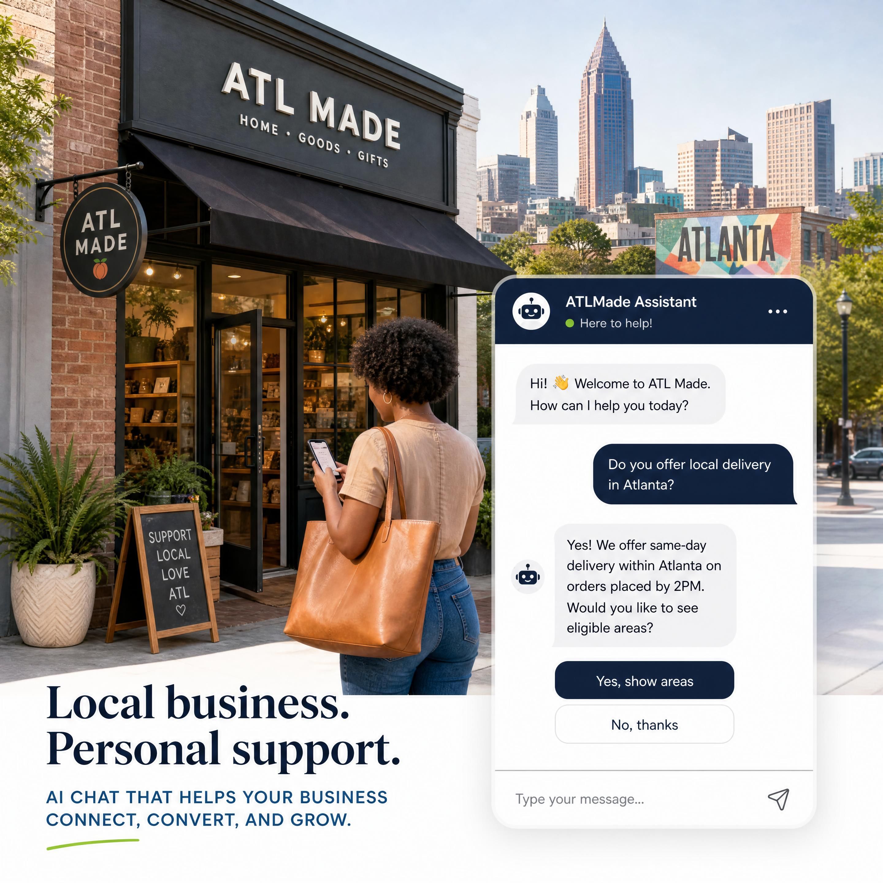 Hero image showing an Atlanta small business storefront with a digital chatbot overlay assisting a customer