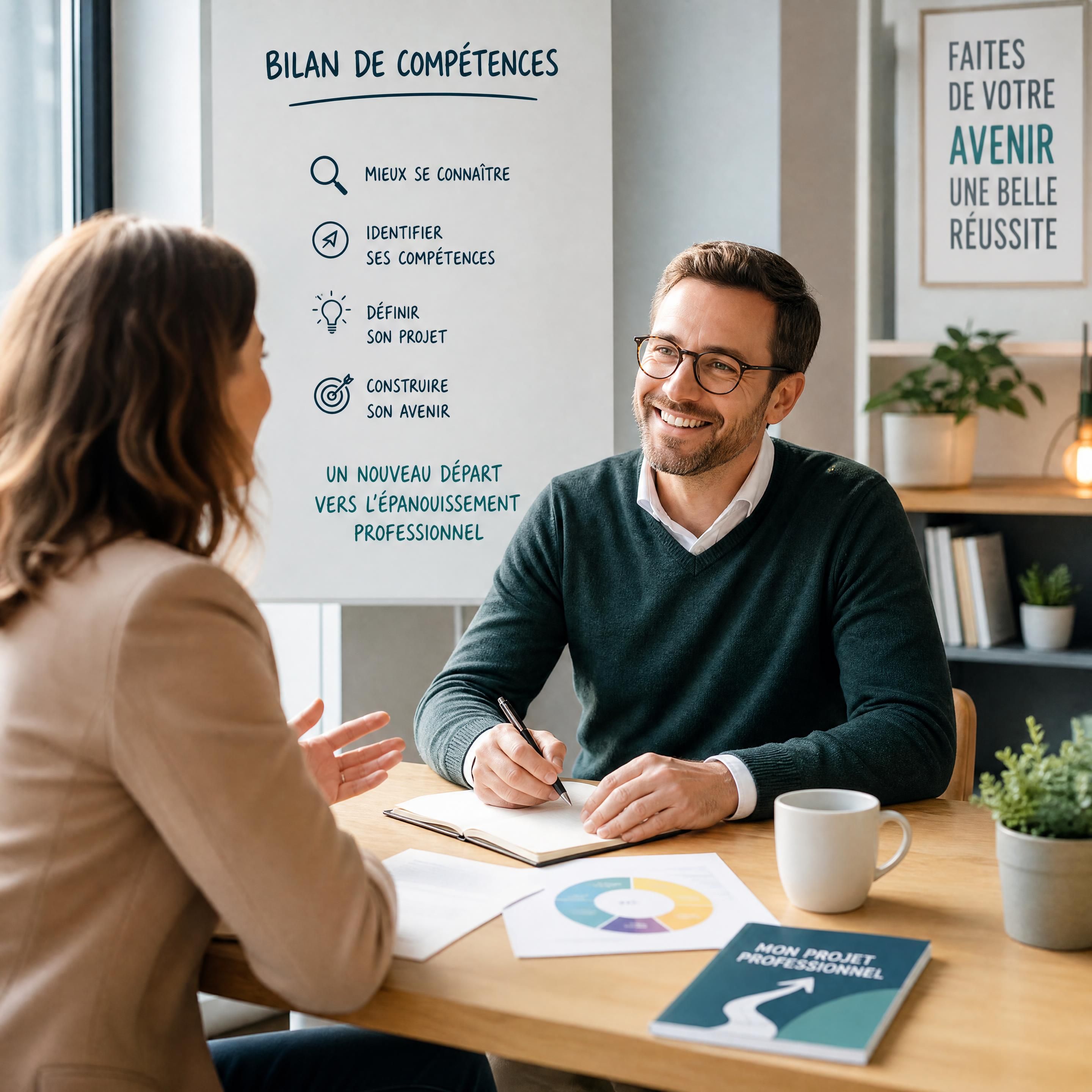 Un professionnel épanoui planifiant sa reconversion professionnelle lors d'un bilan de compétences