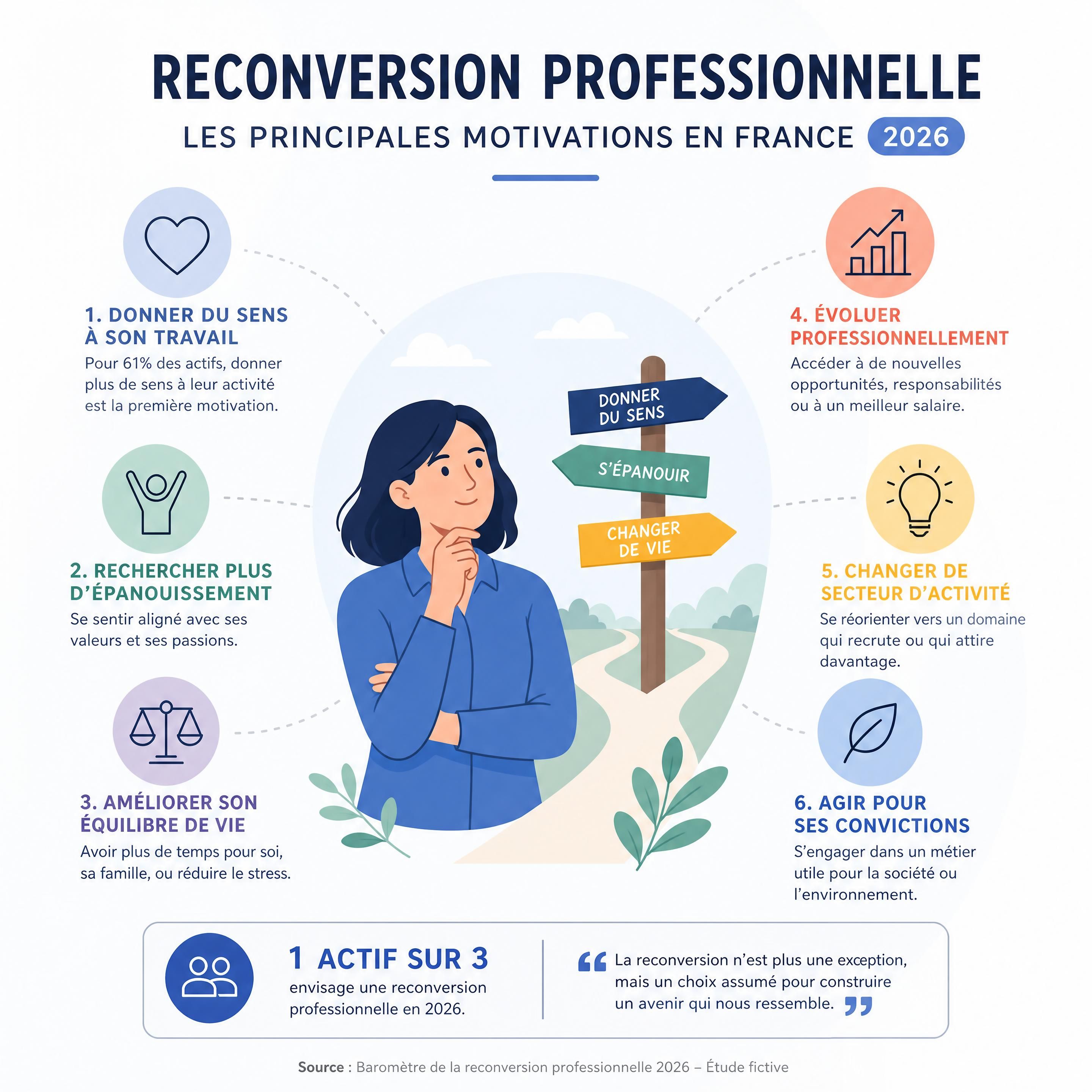 Graphique illustrant les principales motivations de la reconversion professionnelle en France en 2026
