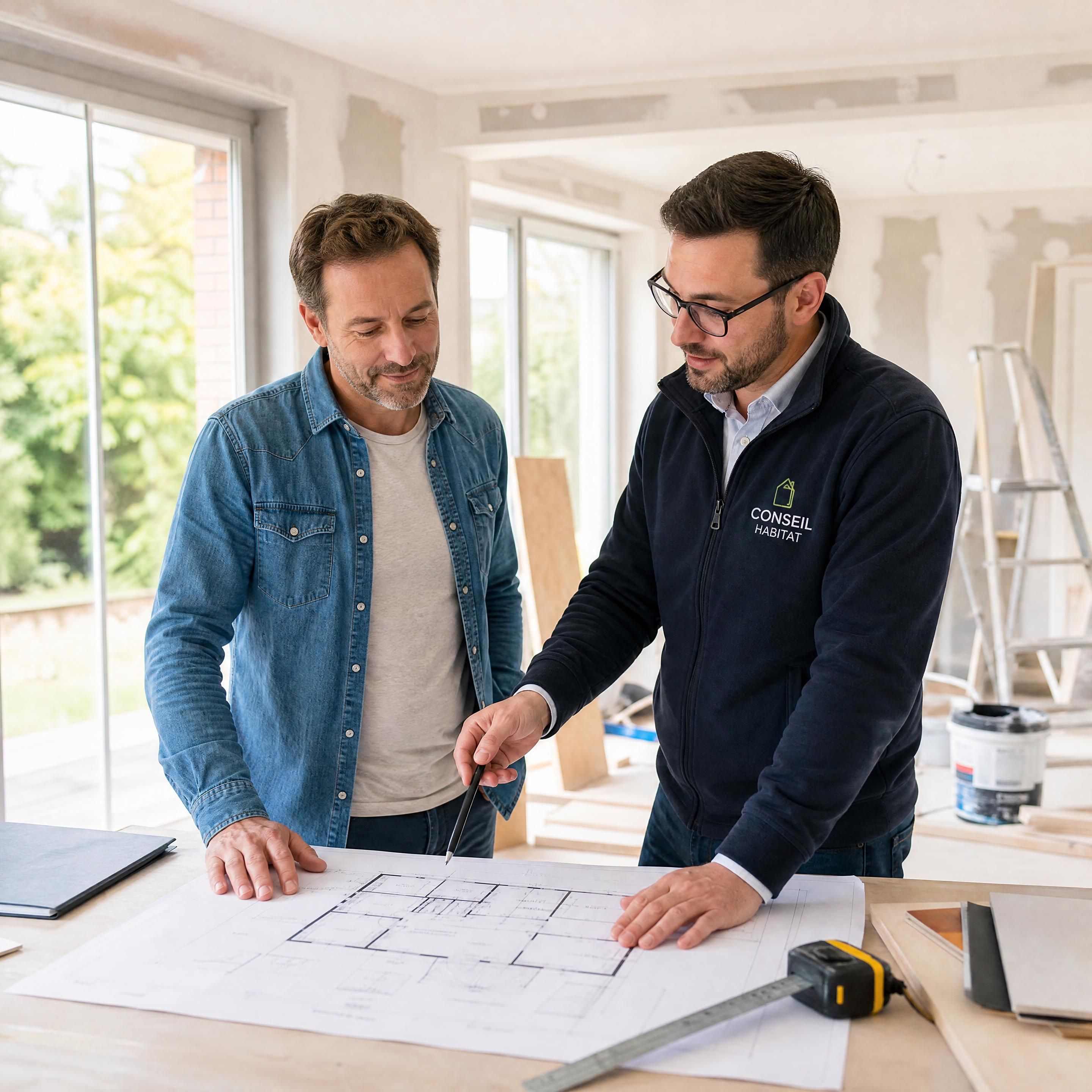 Propriétaire belge serein examinant des plans de rénovation avec un conseiller expert dans une maison lumineuse en cours de travaux