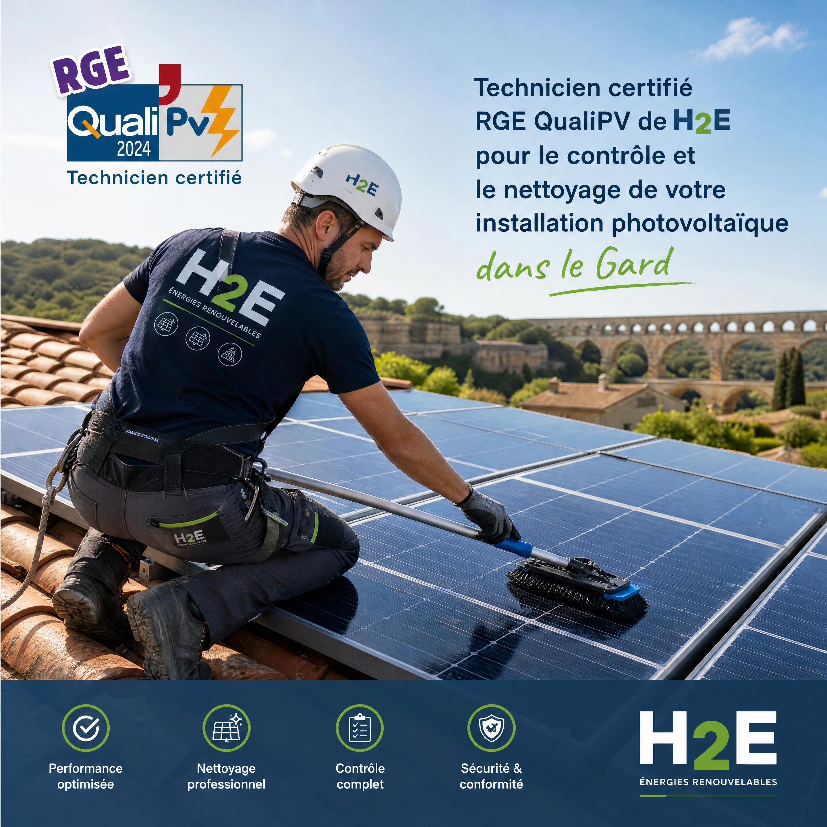 Technicien certifié RGE QualiPV de H2E effectuant le contrôle et le nettoyage d'une installation photovoltaïque dans le Gard
