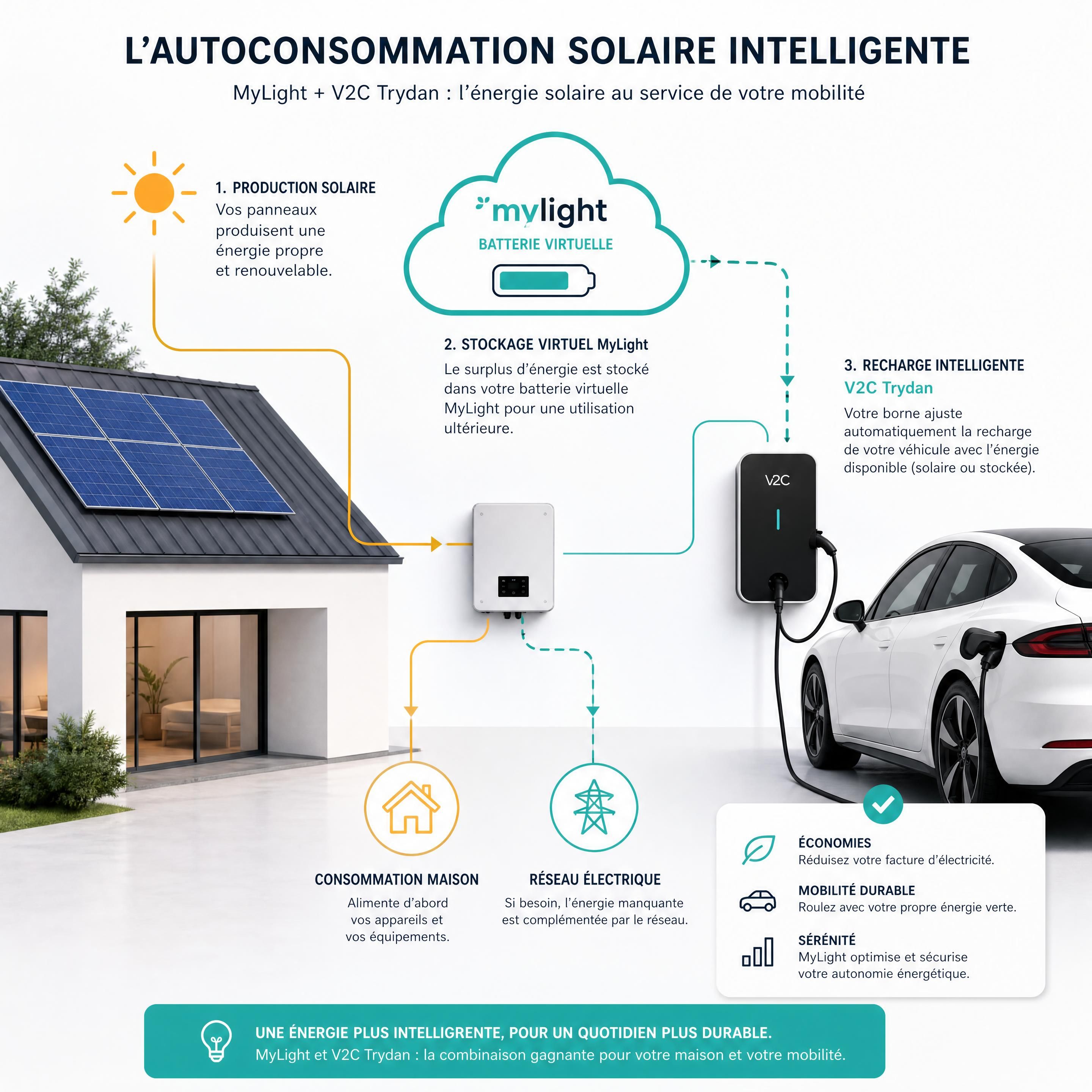 Schéma de l'autoconsommation solaire intelligente associant batterie virtuelle MyLight et borne de recharge V2C Trydan