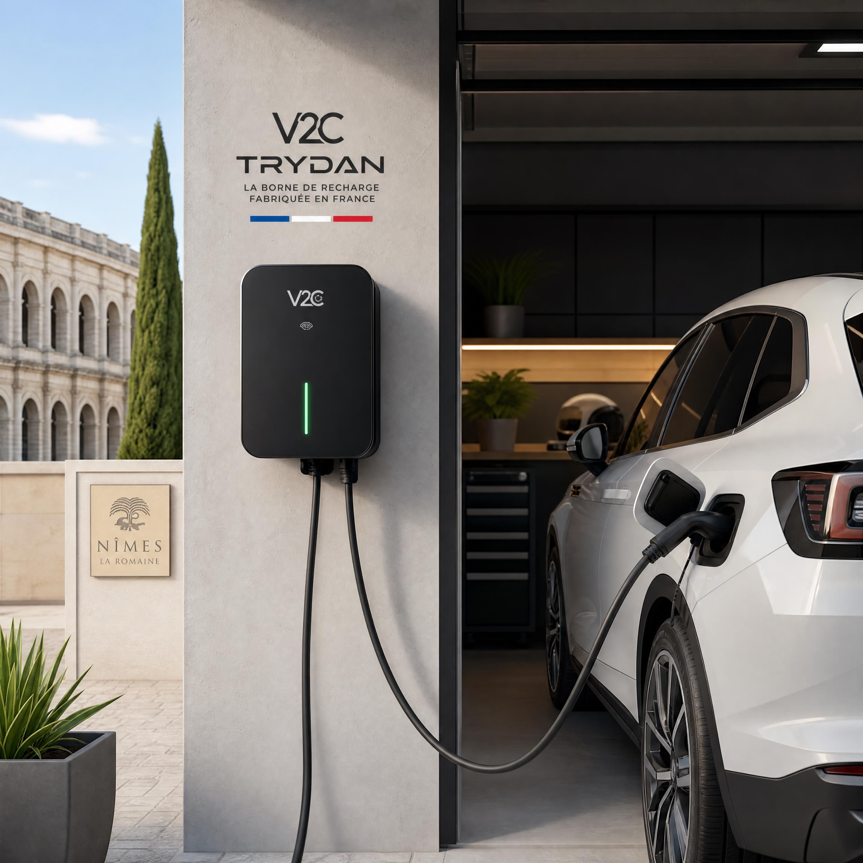 Borne de recharge électrique V2C Trydan installée à côté d'un véhicule électrique en charge dans un garage à Nîmes