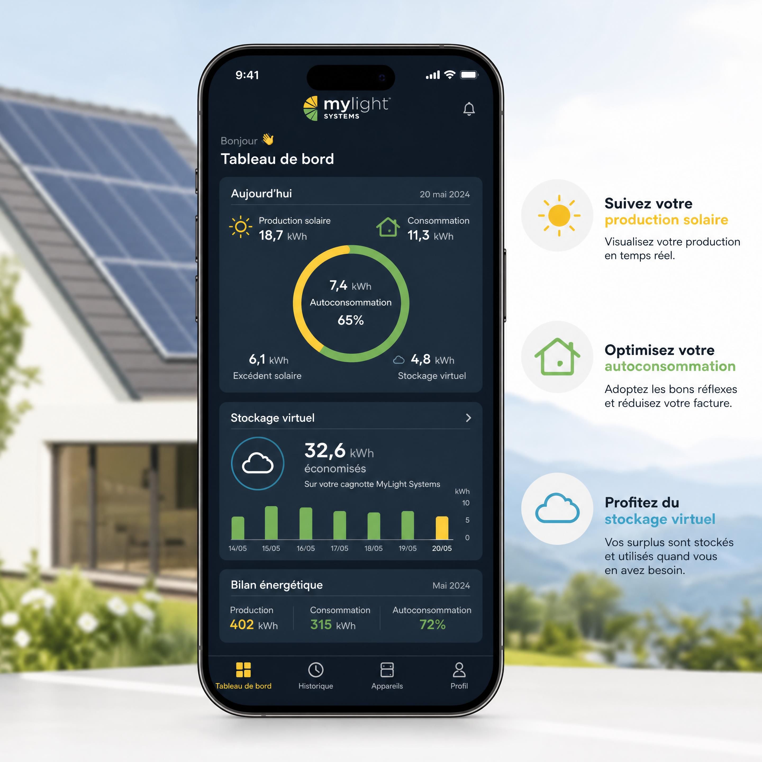 Écran d'application mobile MyLight Systems montrant le suivi de l'autoconsommation solaire et du stockage virtuel