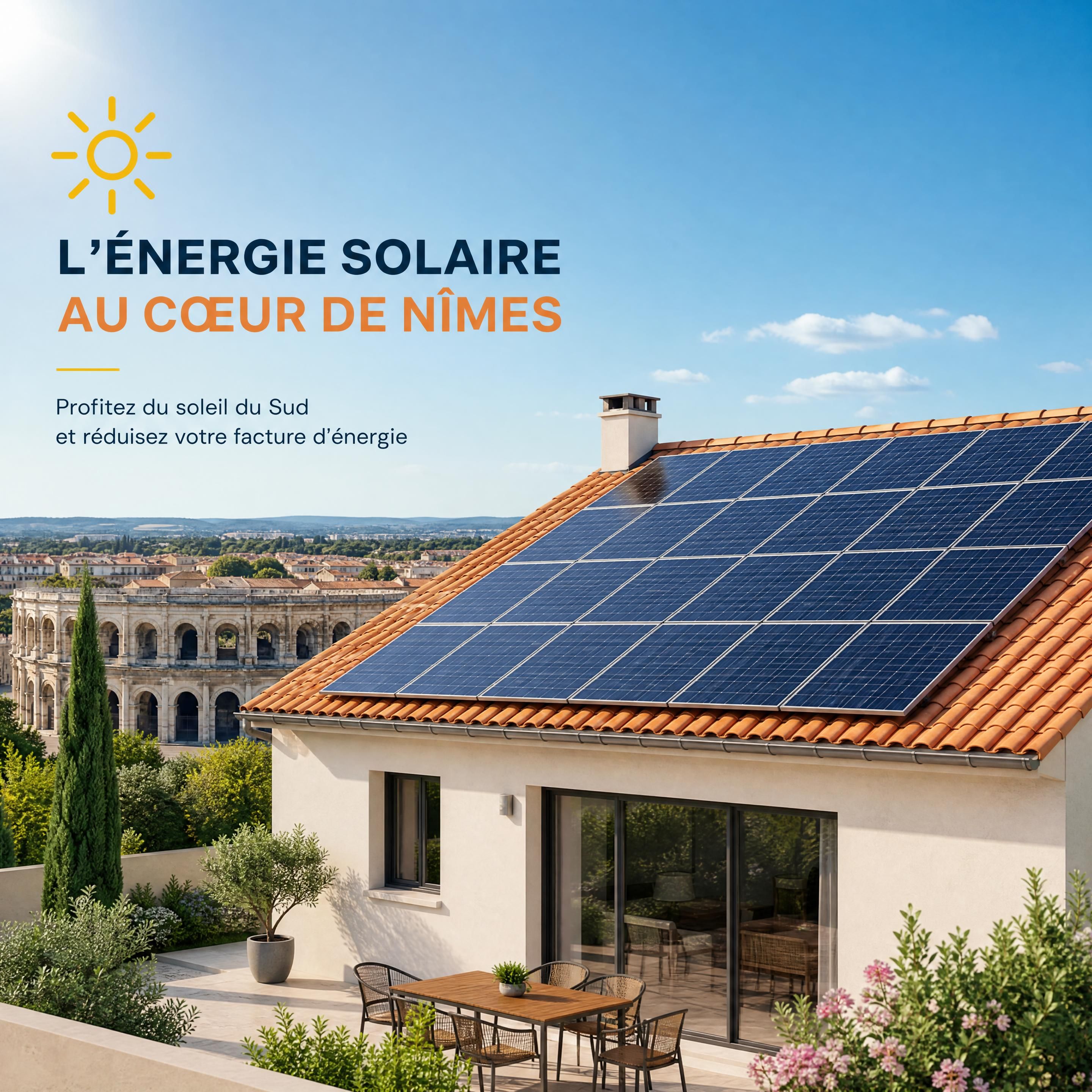 Maison avec panneaux solaires photovoltaïques sur toit en tuiles à Nîmes, région ensoleillée du sud de la France