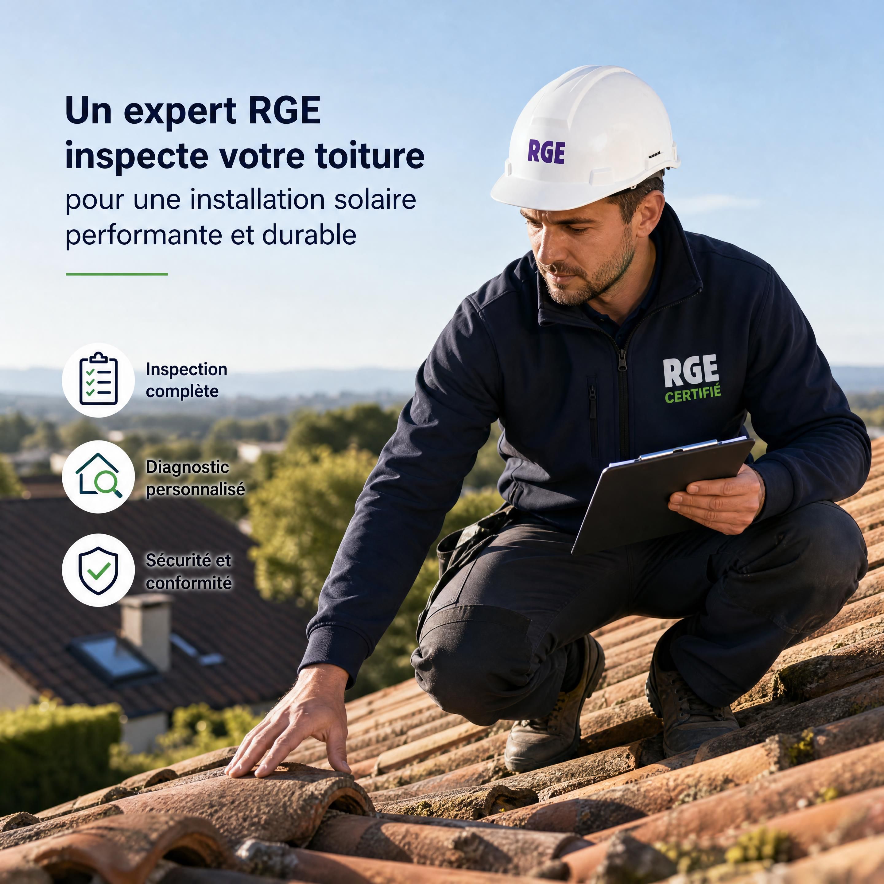 Installateur professionnel RGE inspectant la toiture avant installation de panneaux solaires