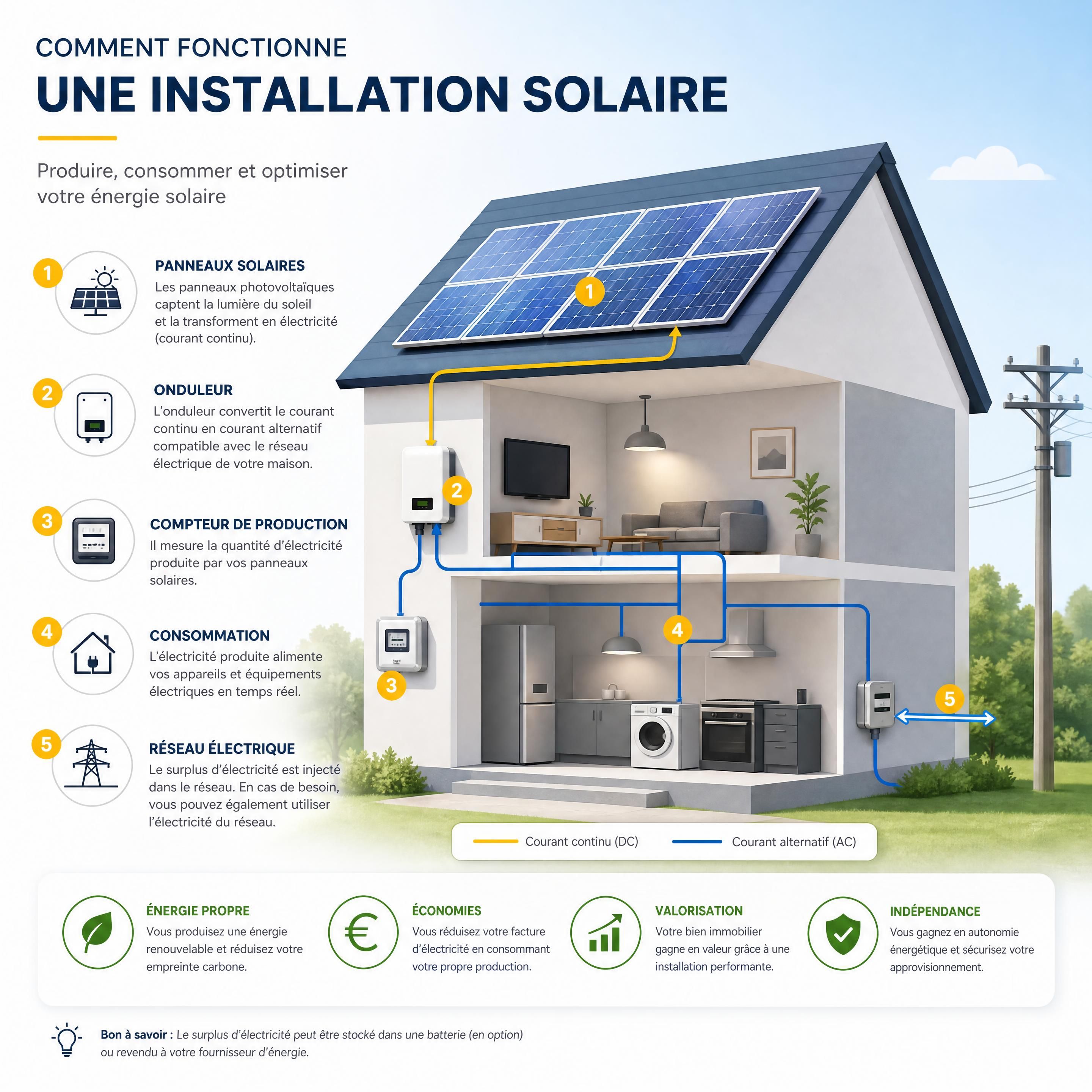Schéma explicatif montrant le fonctionnement d'une installation solaire avec panneaux, onduleur, compteur et distribution d'électricité dans la maison