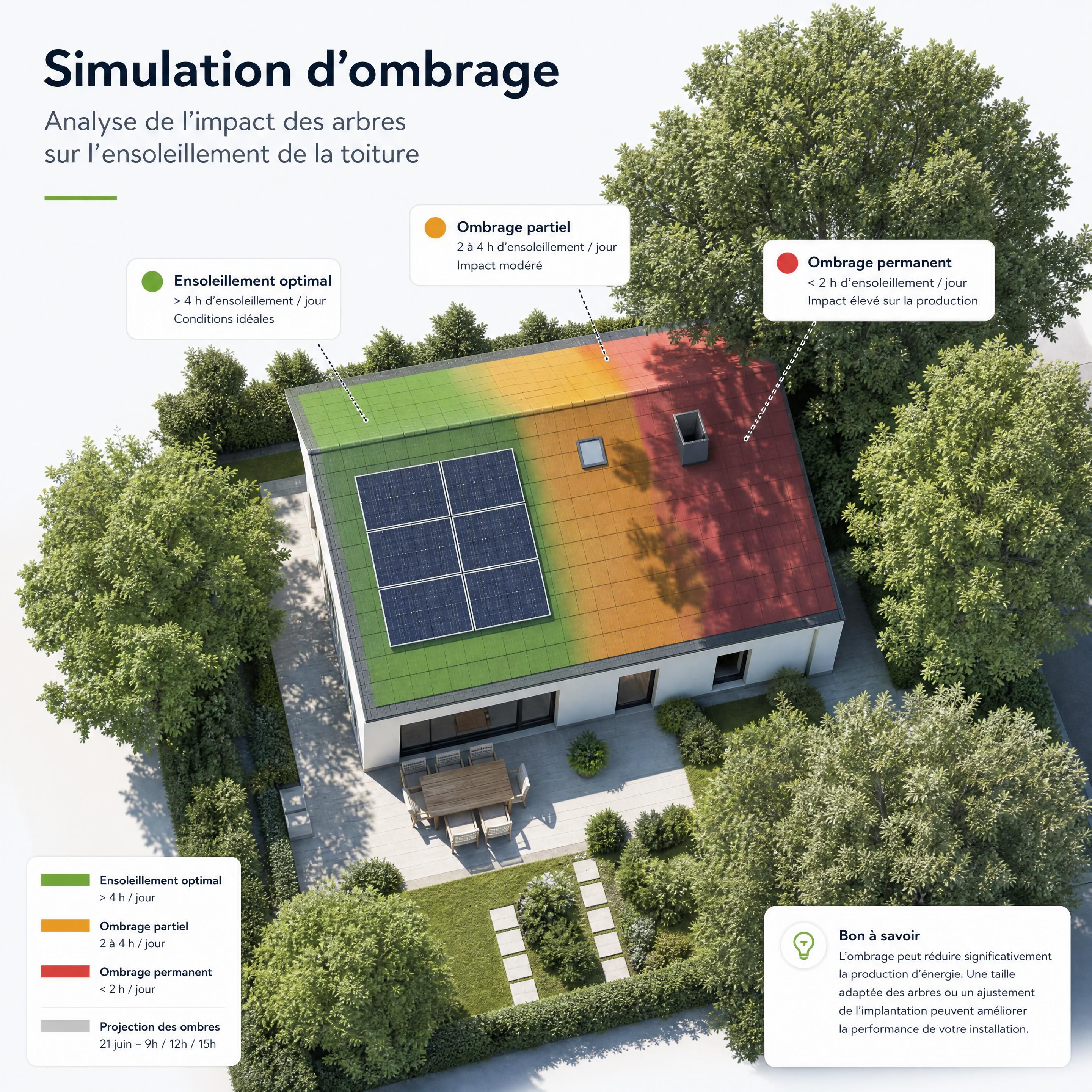 Simulation d'ombrage sur une toiture avec arbres environnants et zones ombragées identifiées