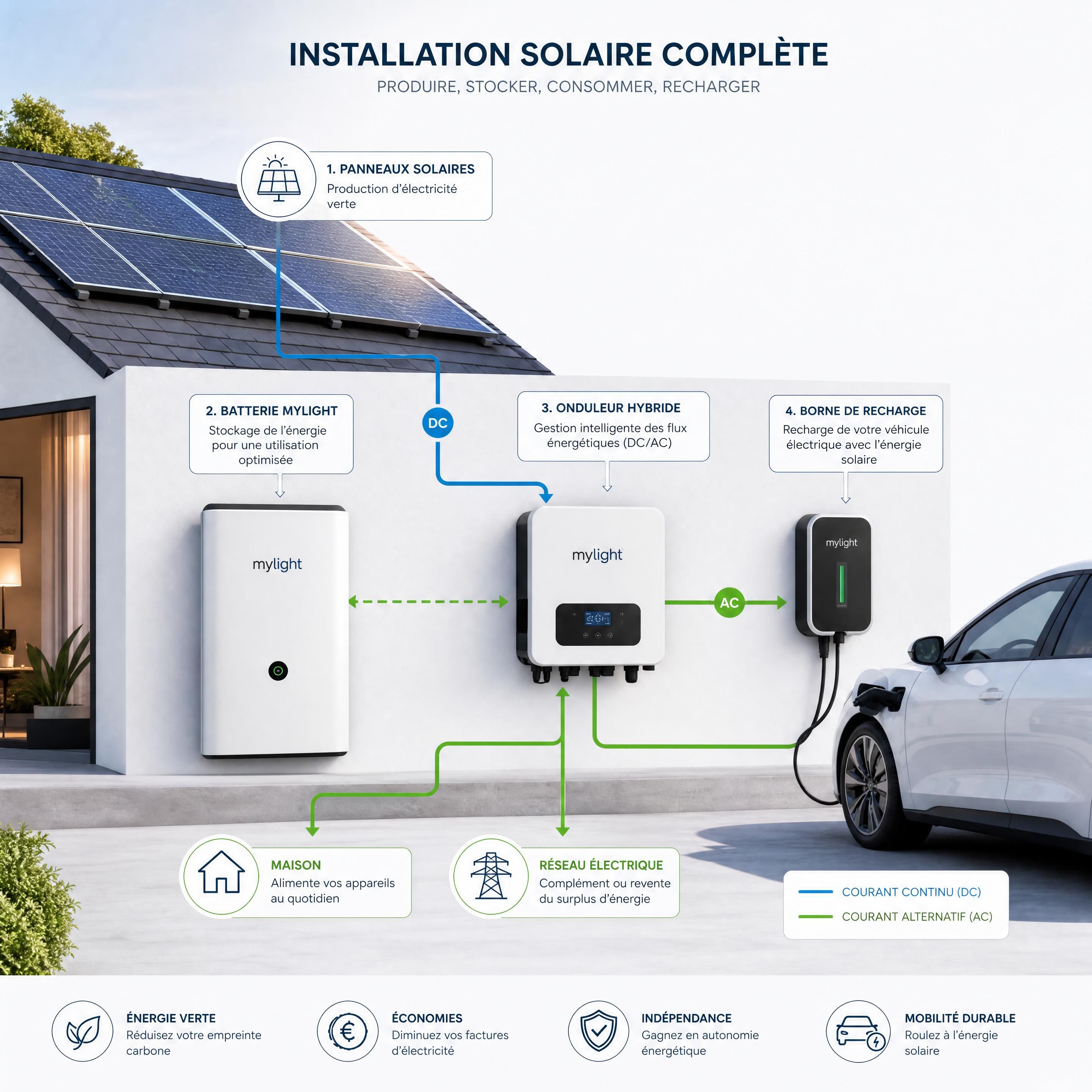 Schéma d'une installation solaire complète avec panneaux, batterie MyLight, onduleur hybride et borne de recharge électrique