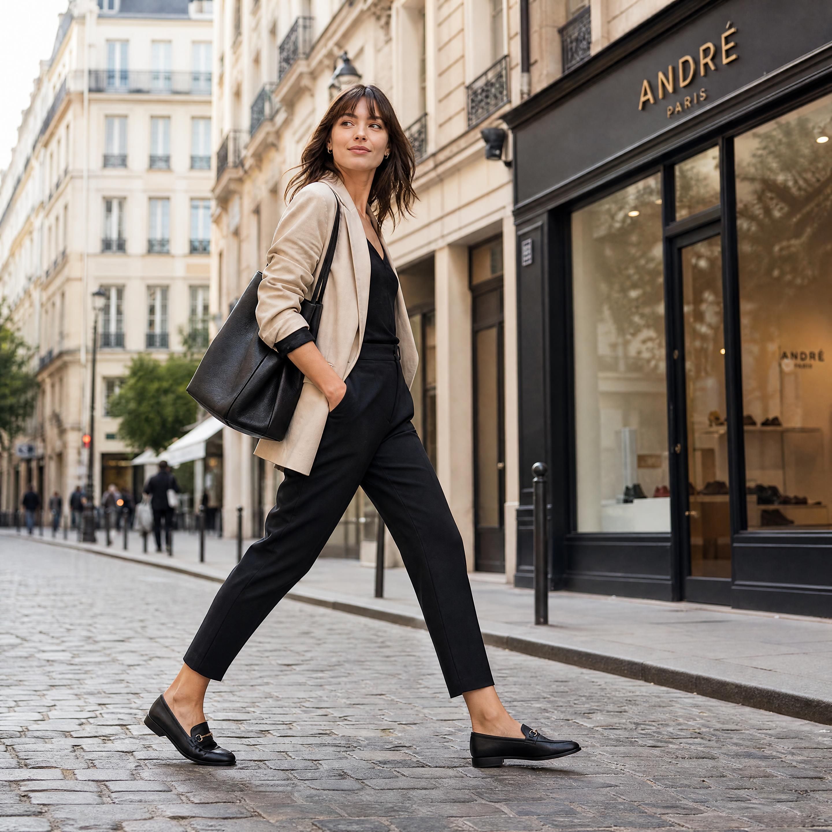Une citadine active marchant d'un pas décidé dans une rue pavée, vêtue d'un blazer fluide et de mocassins en cuir souple noir André