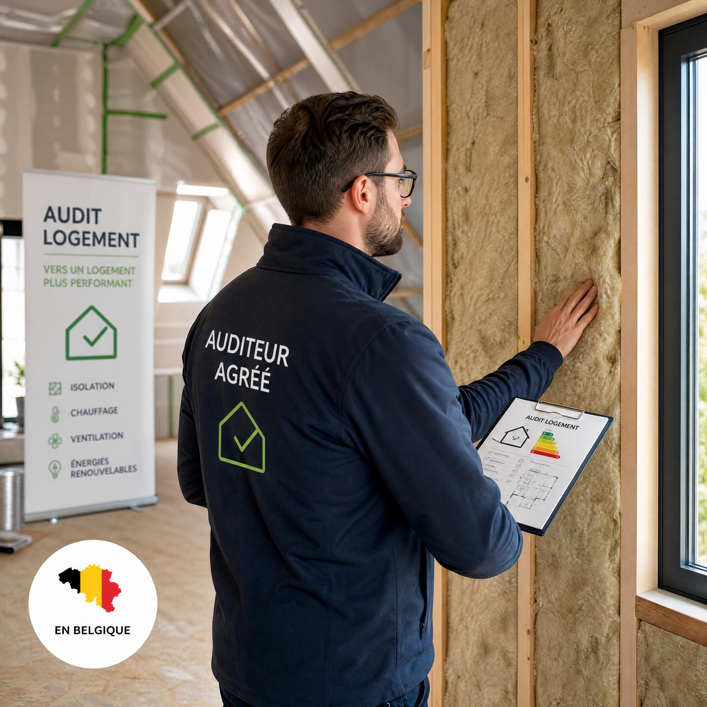 Un auditeur agréé effectuant un audit logement en Belgique dans une maison en cours de rénovation énergétique, analysant l'isolation thermique d'un bâtiment