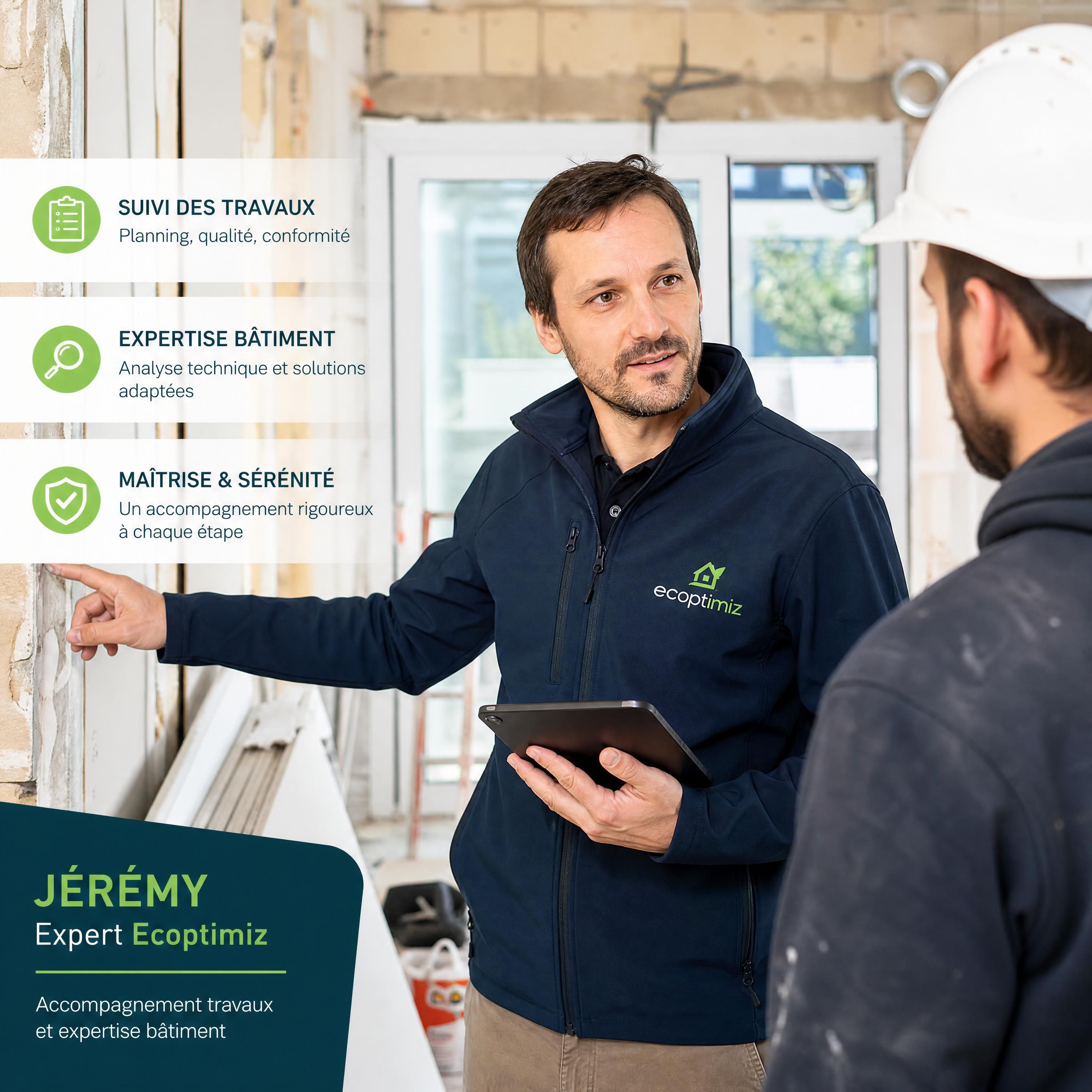 Jérémy, expert Ecoptimiz en situation d'accompagnement travaux sur un chantier de rénovation pour un suivi des travaux et une expertise bâtiment rigoureuse