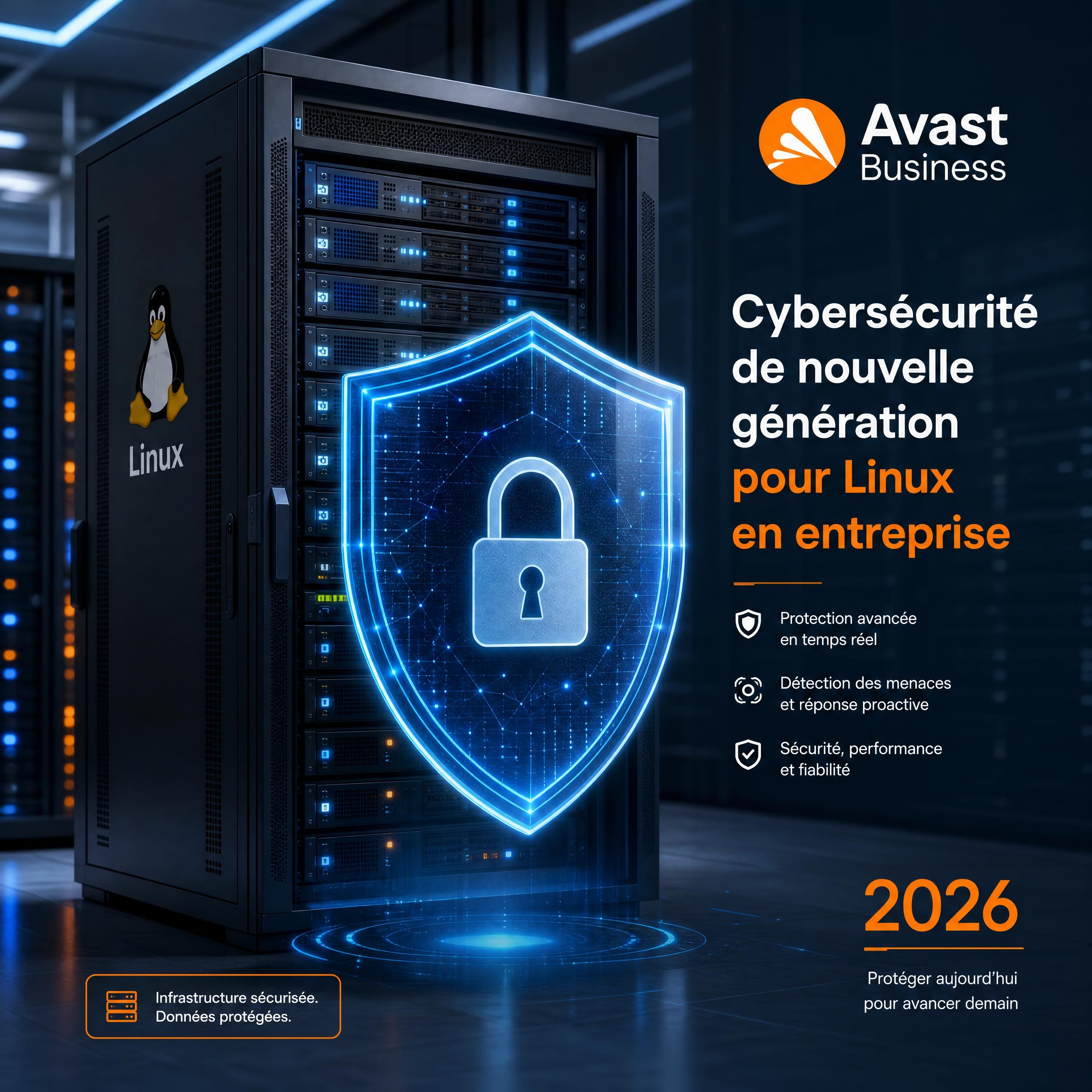 Un serveur Linux d'entreprise sécurisé avec un bouclier numérique symbolisant la cyberprotection Avast Business en 2026