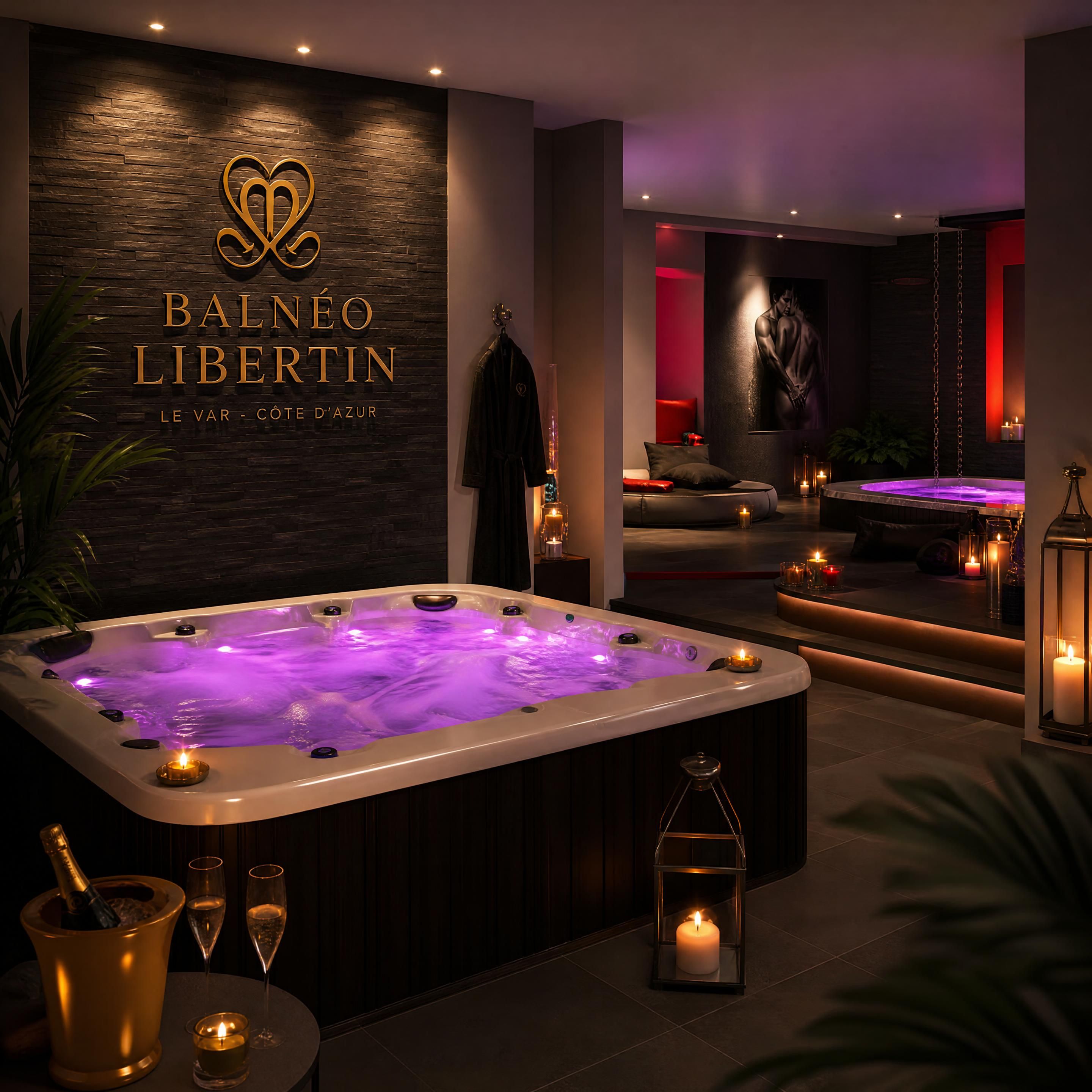 Ambiance feutrée et élégante d'un espace balnéo libertin haut de gamme dans le Var avec jacuzzis illuminés à la bougie
