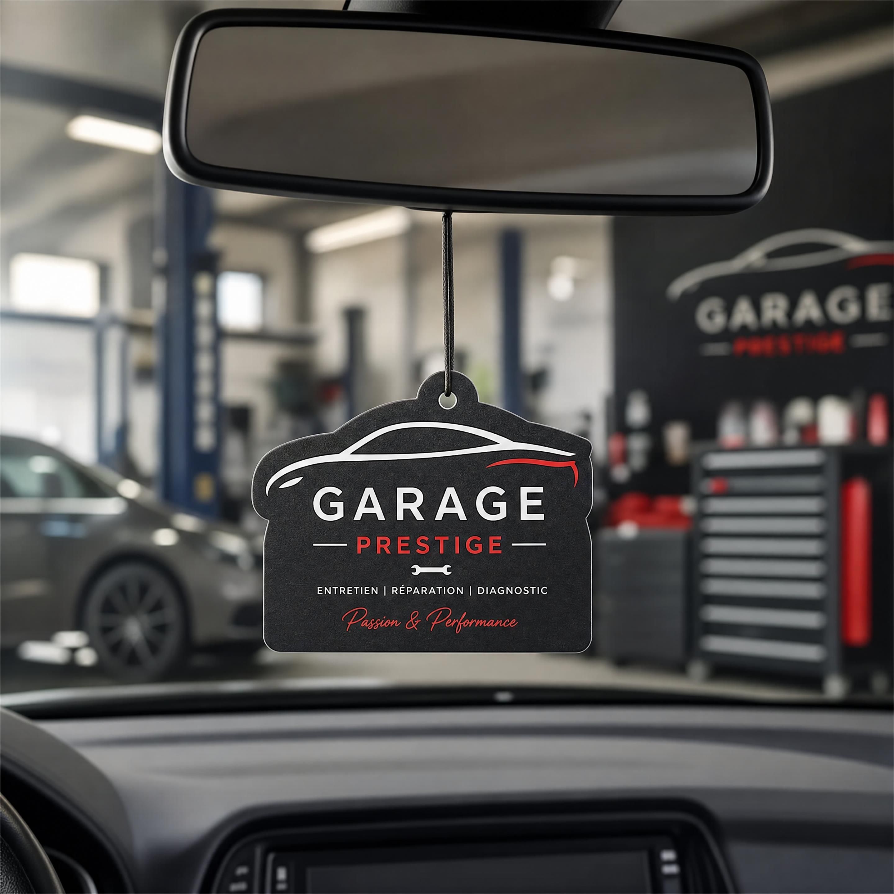 Sent bon voiture personnalisé avec le logo d'un garage automobile suspendu au rétroviseur intérieur
