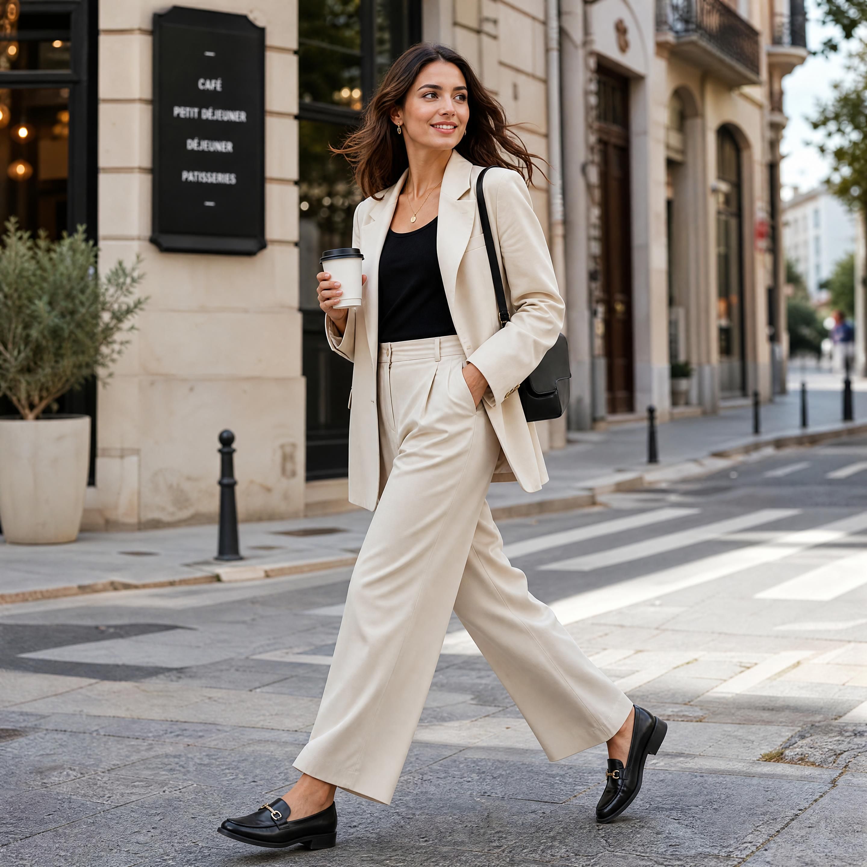 Femme urbaine active marchant dynamiquement dans la rue avec un café à la main, portant un tailleur pantalon fluide et des mocassins en cuir noir élégants