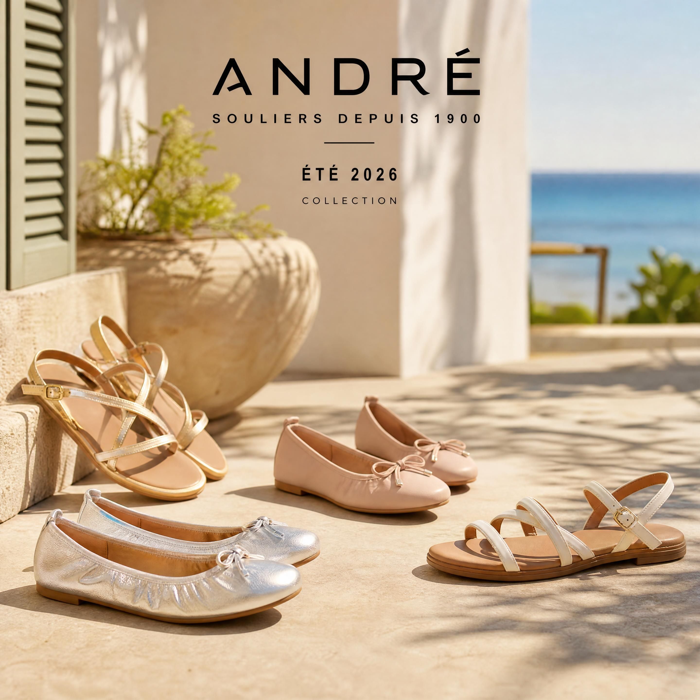 Collection de chaussures été 2026 André posées sur une terrasse ensoleillée, mettant en avant des ballerines en cuir souple et des sandales minimalistes