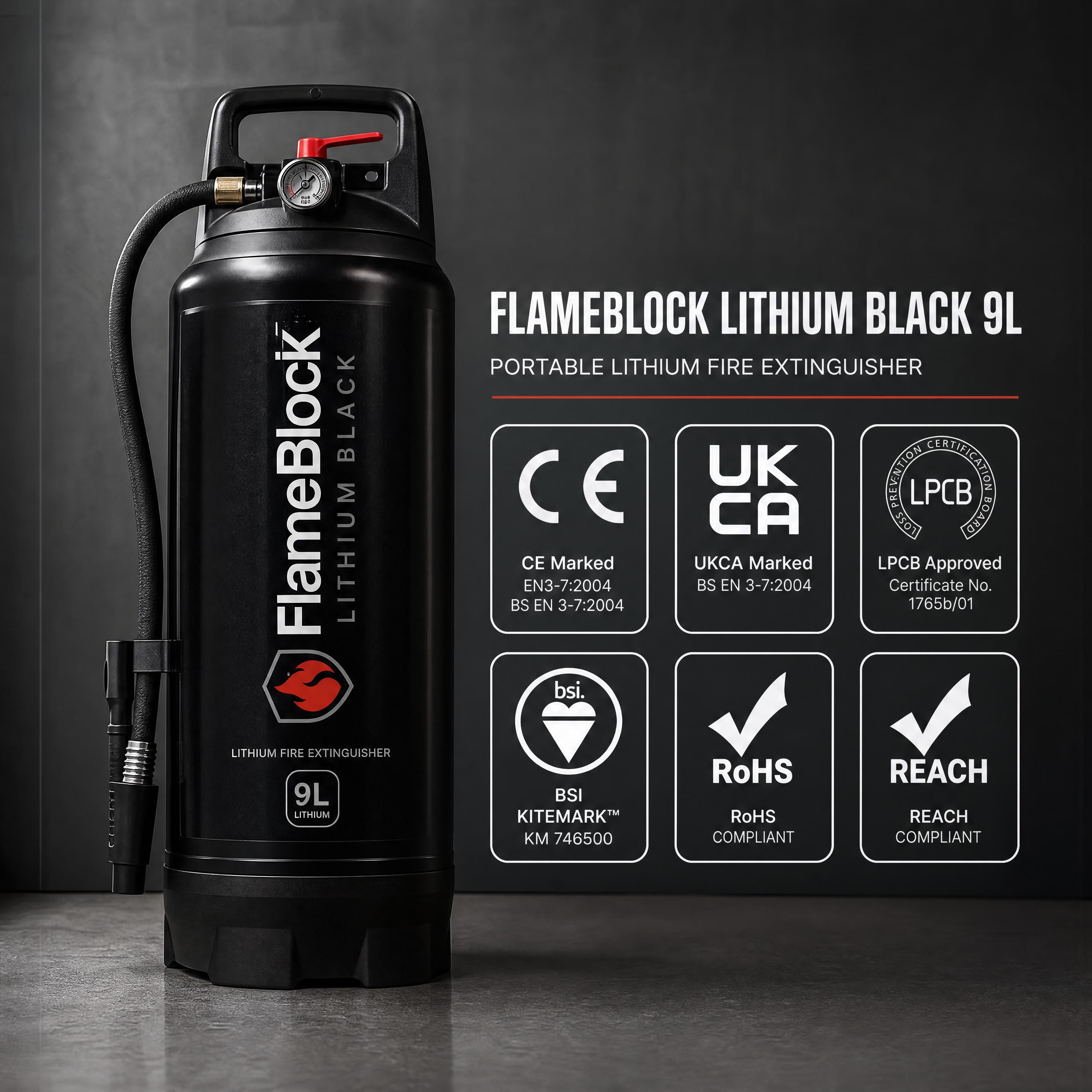 Photo of the FlameBlock Lithium Black 9L portable extinguisher with its technical certification badges