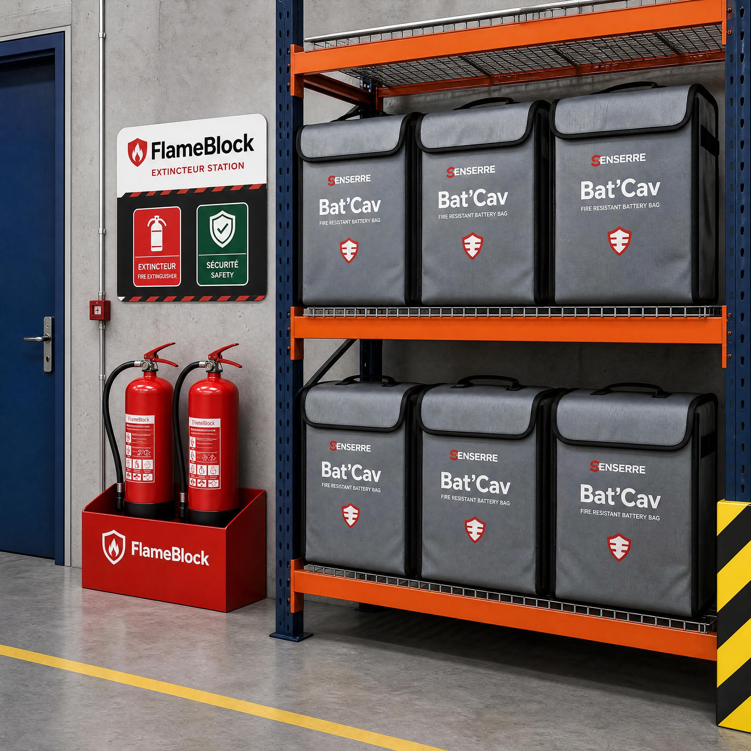 Industrial storage area showing ENSERRE Bat'Cav bags neatly organized next to a FlameBlock extinguisher station