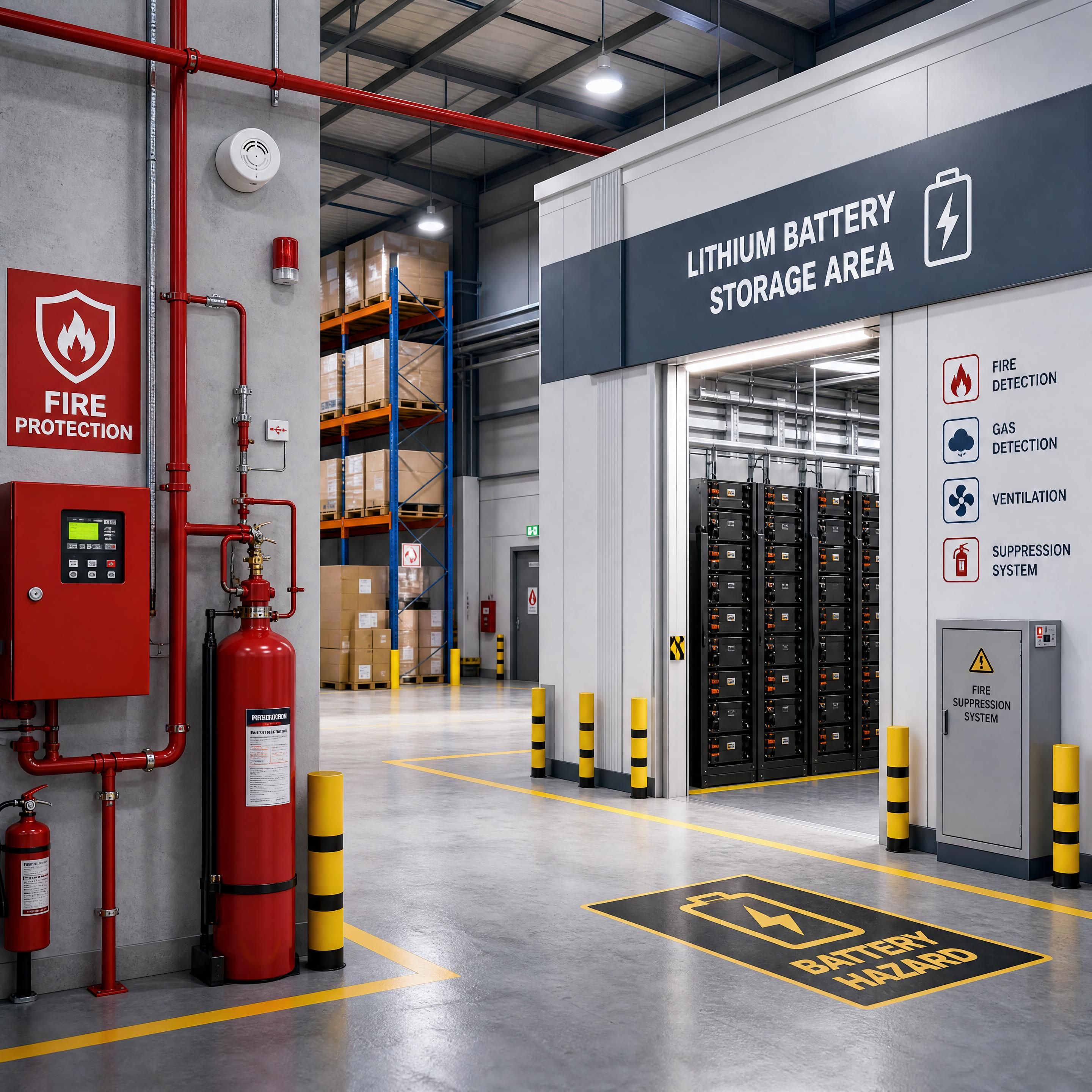 Hero image showing a modern industrial warehouse with fire protection equipment and lithium battery storage areas