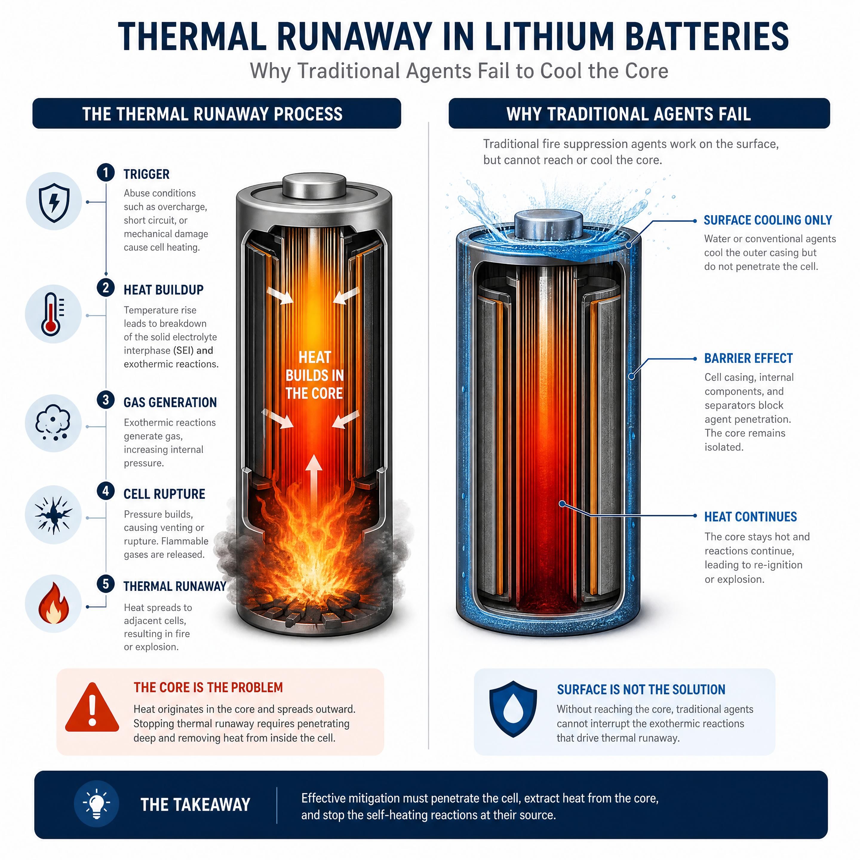 Comparative diagram showing the thermal runaway process and why traditional agents fail to cool the core of lithium batteries