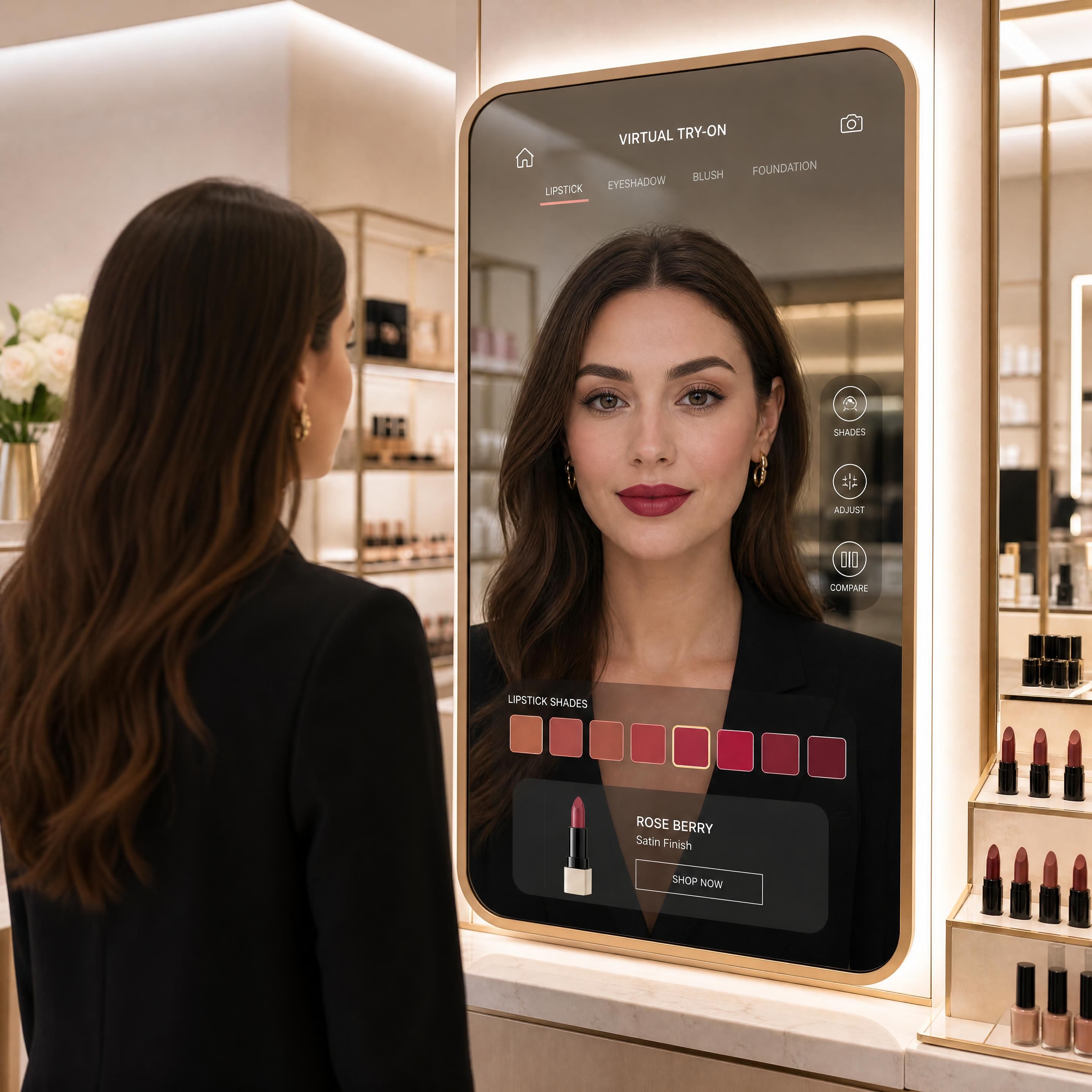 A sleek interactive AR Mirror in a high-end luxury beauty boutique displaying virtual makeup try-on options