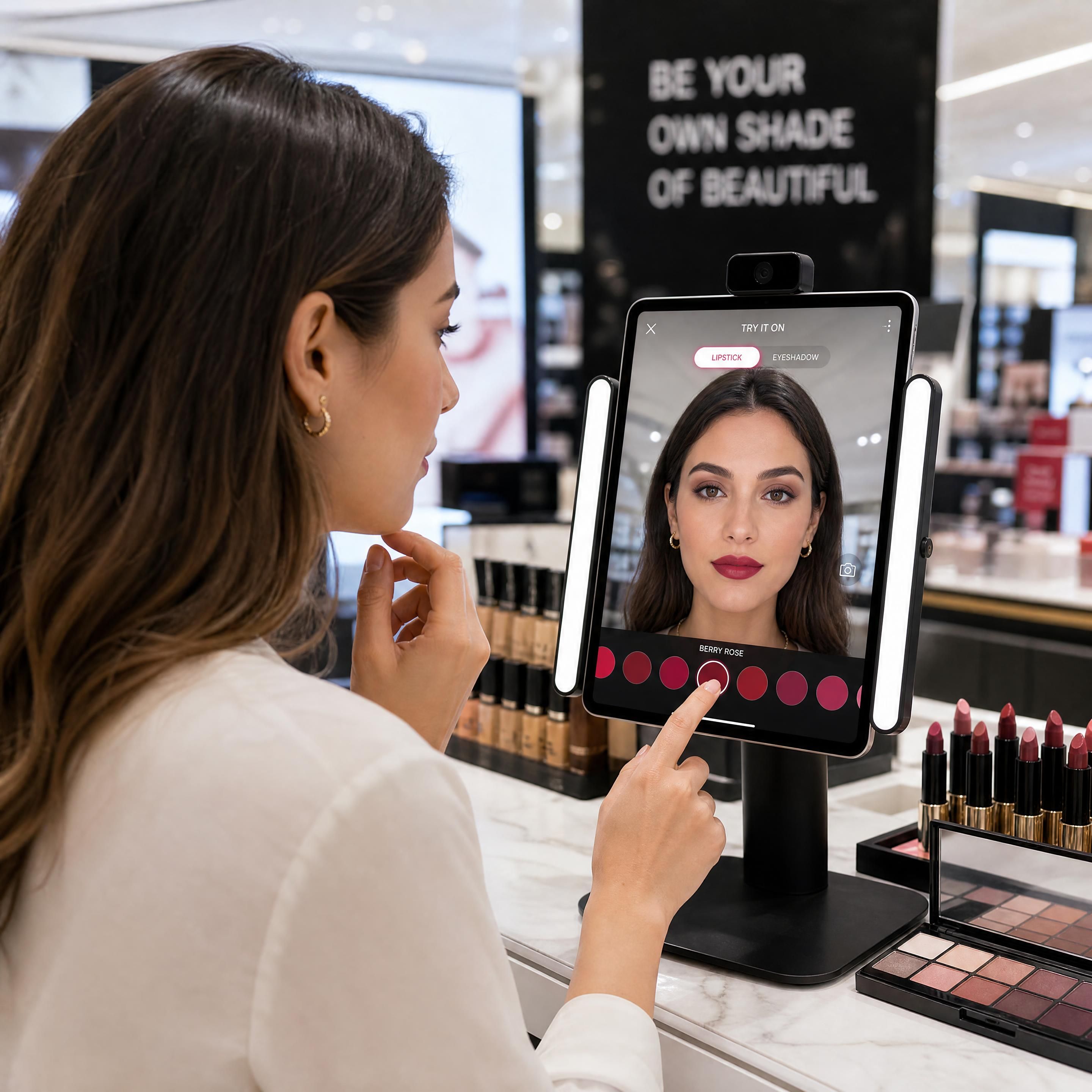 A customer interacting with an iPad-based AR makeup mirror at a cosmetics counter, trying on different shades of lipstick and eyeshadow