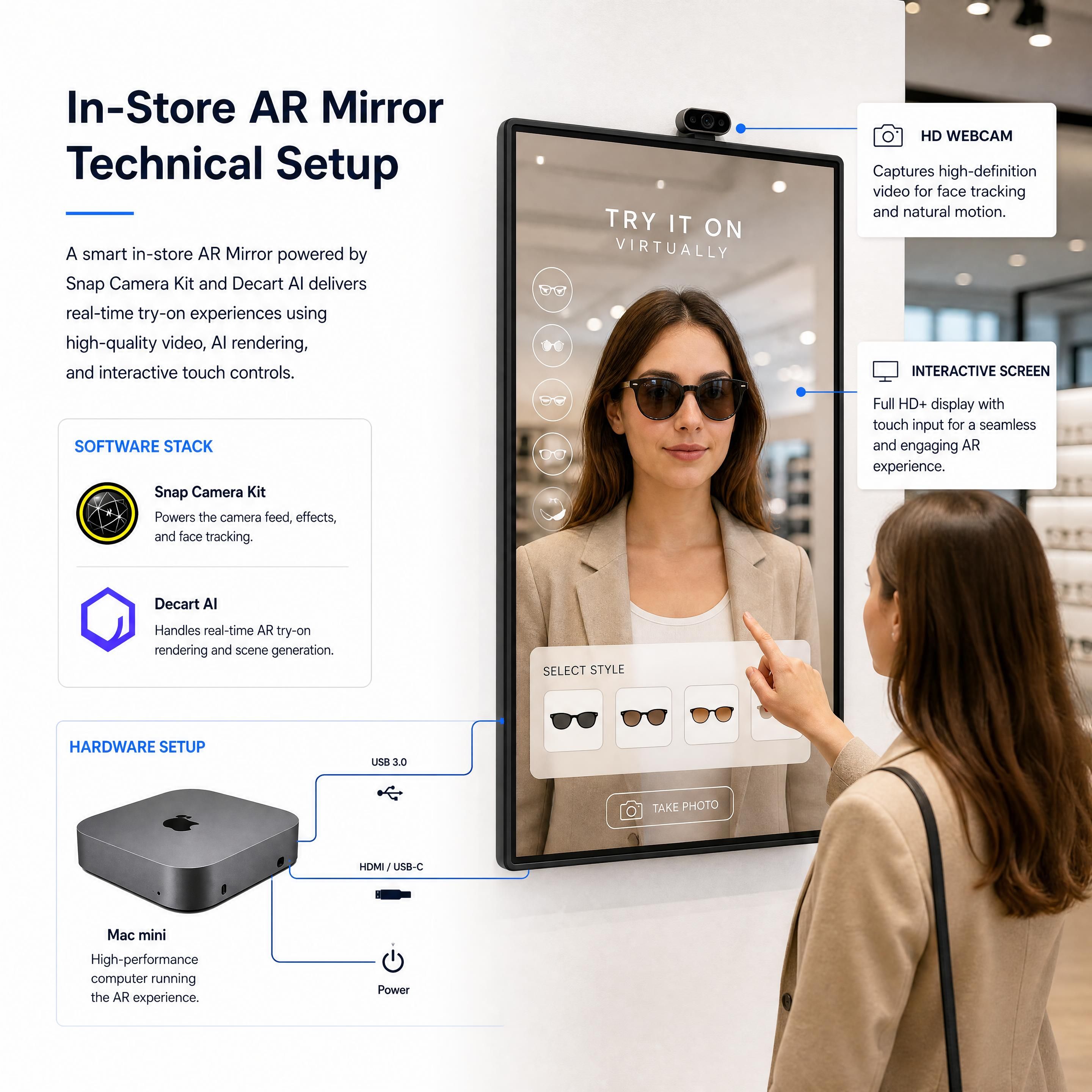 Technical schematic of an in-store AR Mirror setup featuring a Mac Mini, high-definition webcam, and interactive screen running Snap Camera Kit and Decart AI
