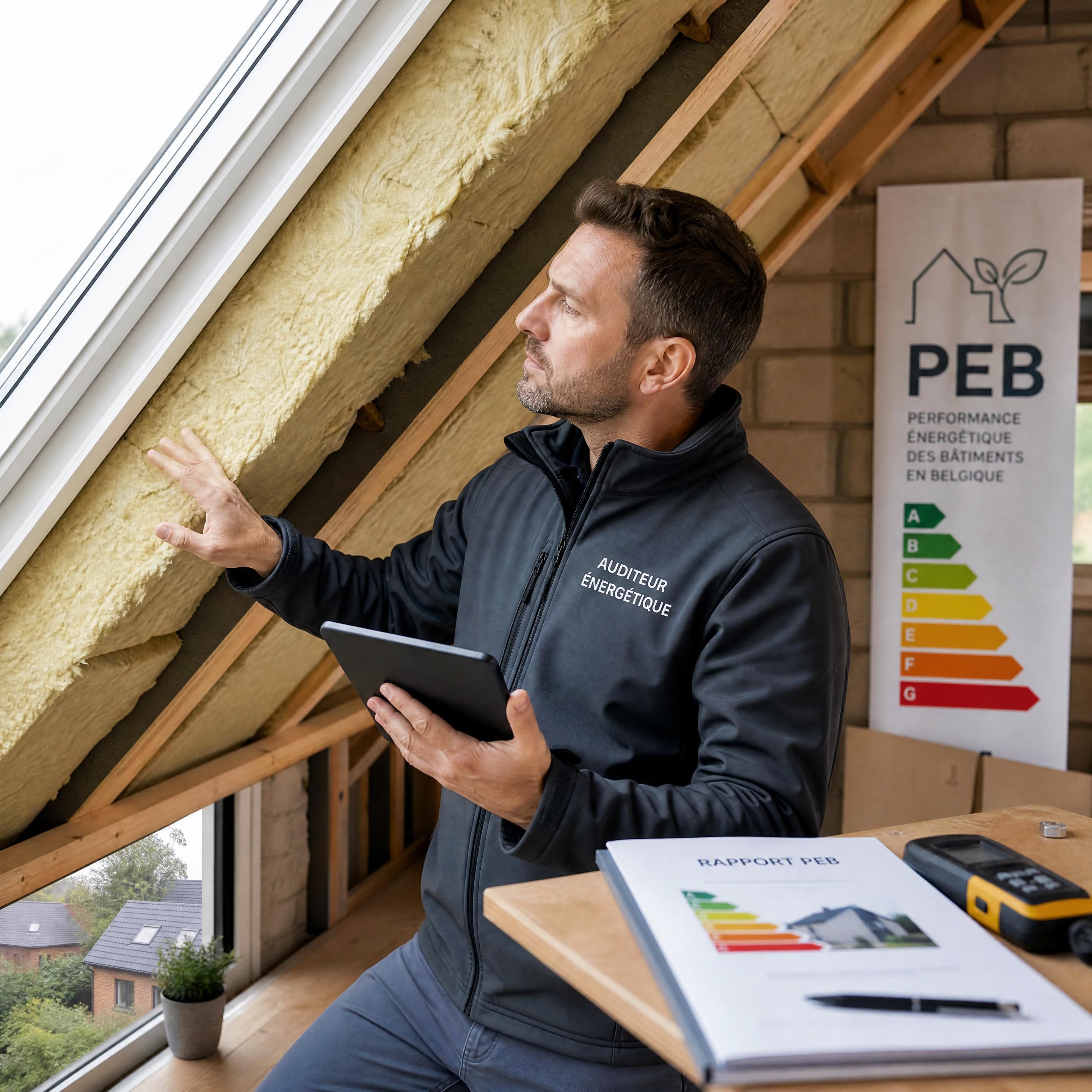 Un auditeur énergétique inspectant l'isolation d'une maison en Belgique pour un rapport PEB