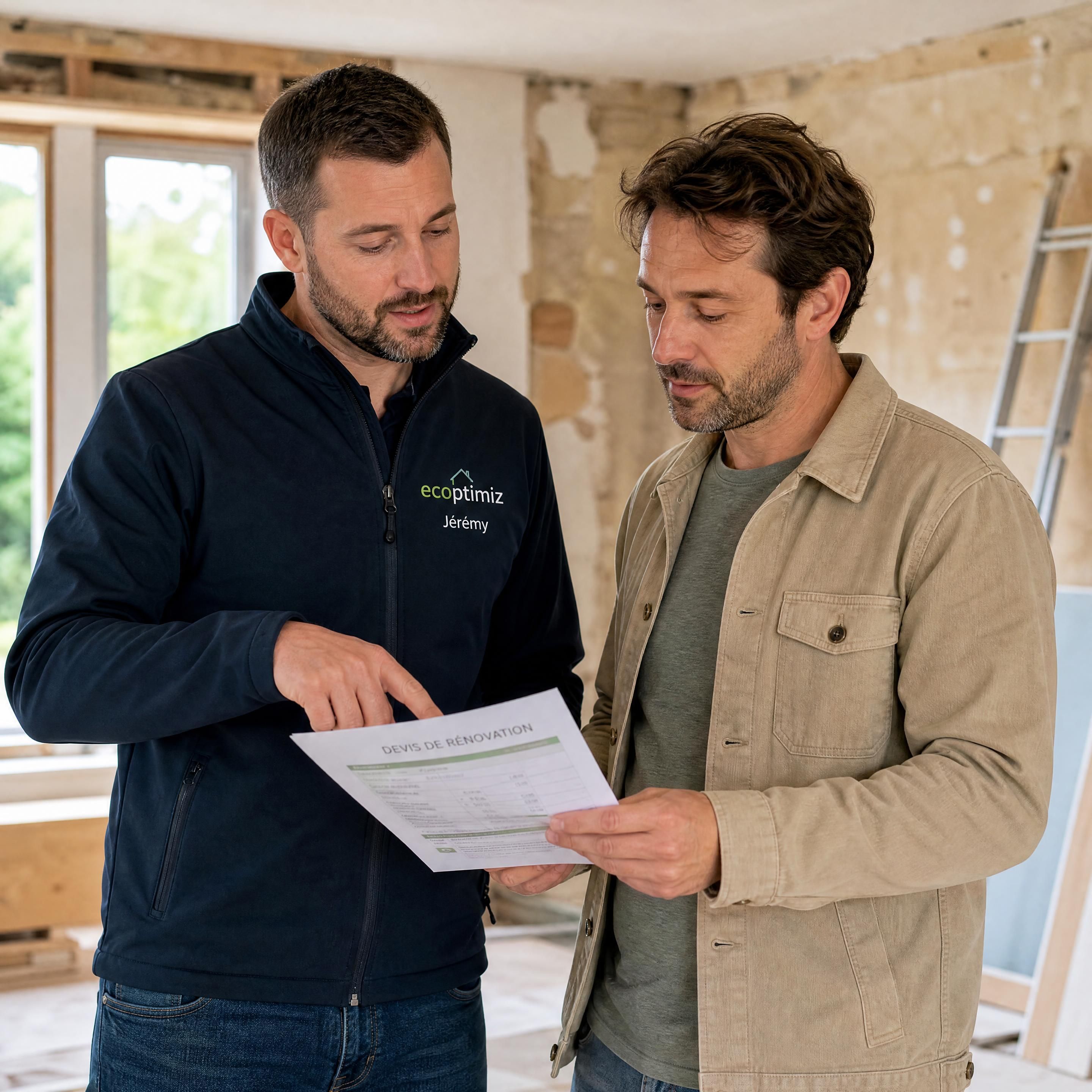 Jérémy, expert d'Ecoptimiz, en train de vérifier un devis de rénovation sur un chantier avec un client